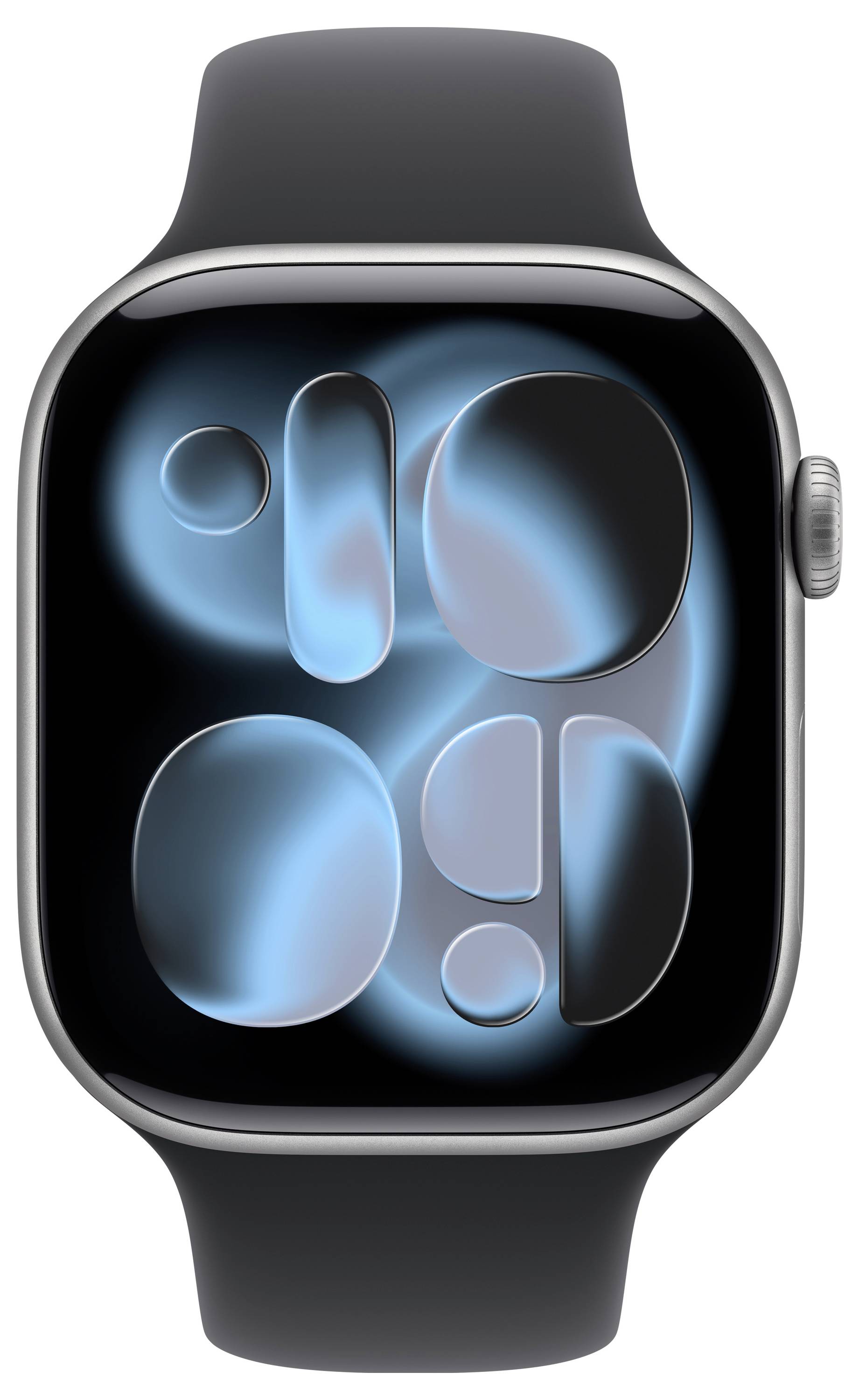 Eine Smartwatch mit einem schwarzen Armband zeigt einen abstrakten digitalen Bildschirmschoner aus blauen und schwarzen Formen.