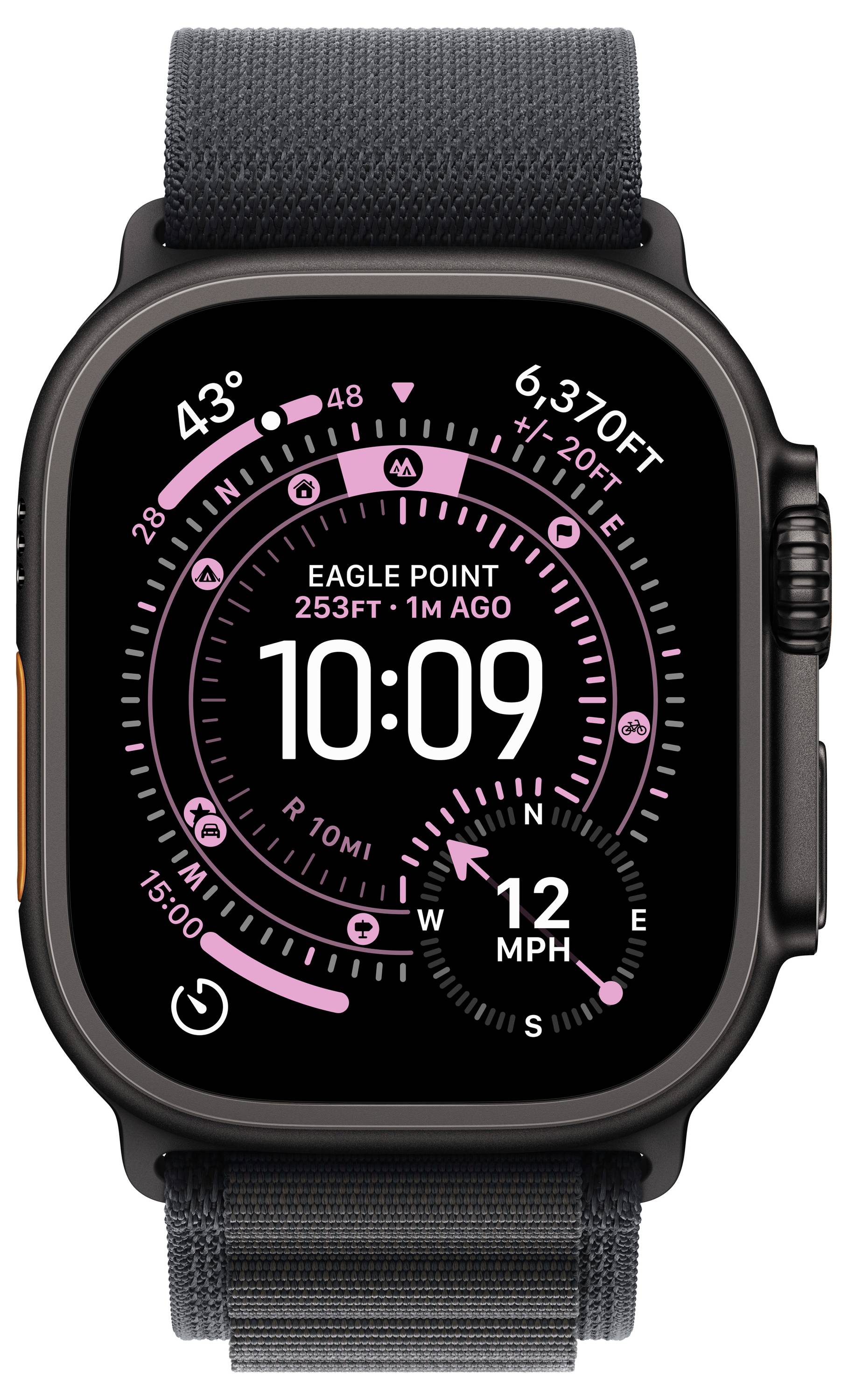 Eine Smartwatch, die die Uhrzeit '10:09' anzeigt, mit detaillierten Reisedaten, einschließlich Höhe '253 FT', Geschwindigkeit '12 MPH' und Standort 'Eagle Point'.