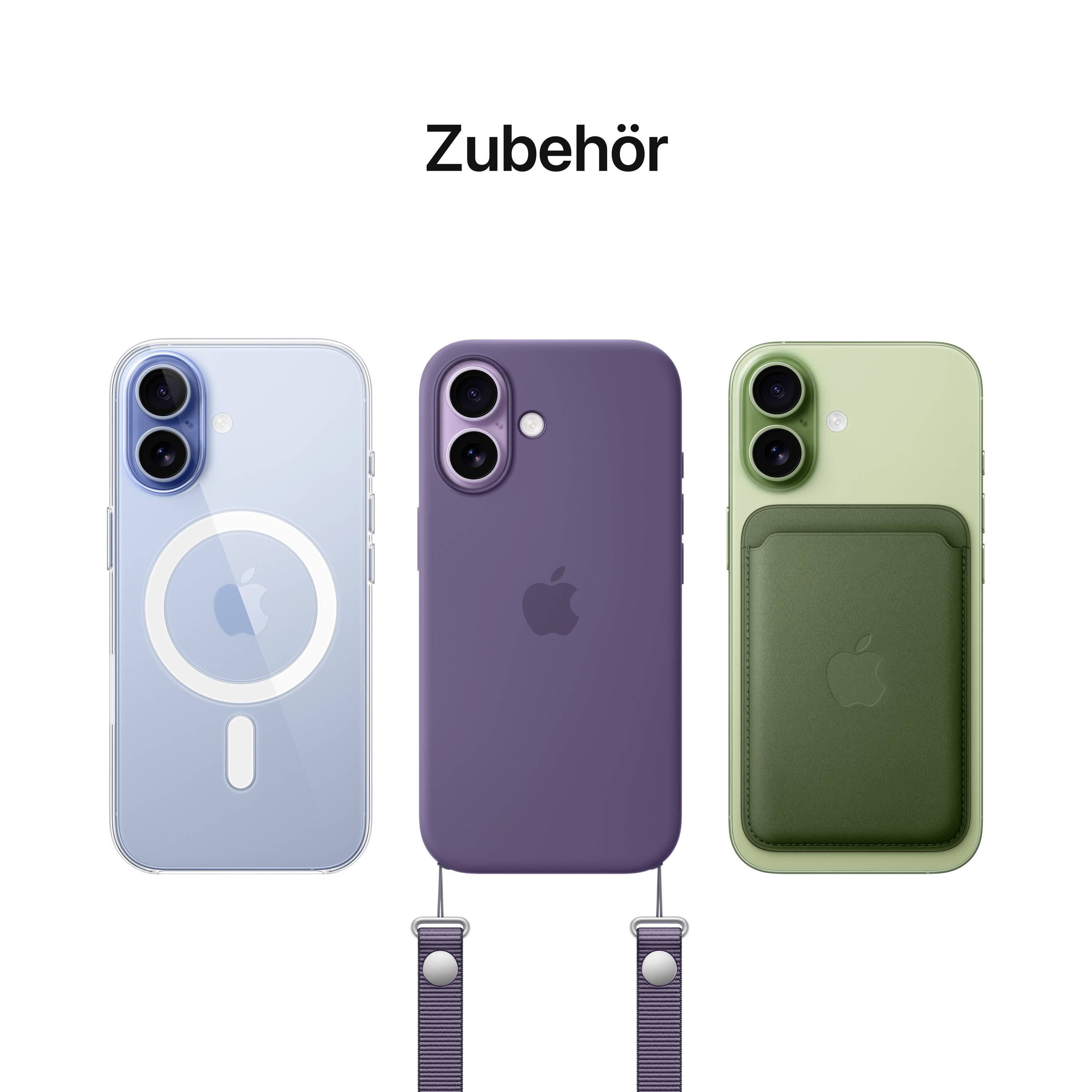Drei iPhones in verschiedenen Farben: Blau, Lila, Grün. Mit Zubehör: MagSafe-Hülle, Armband, und Kartenhalter. Oben steht 'Zubehör'.