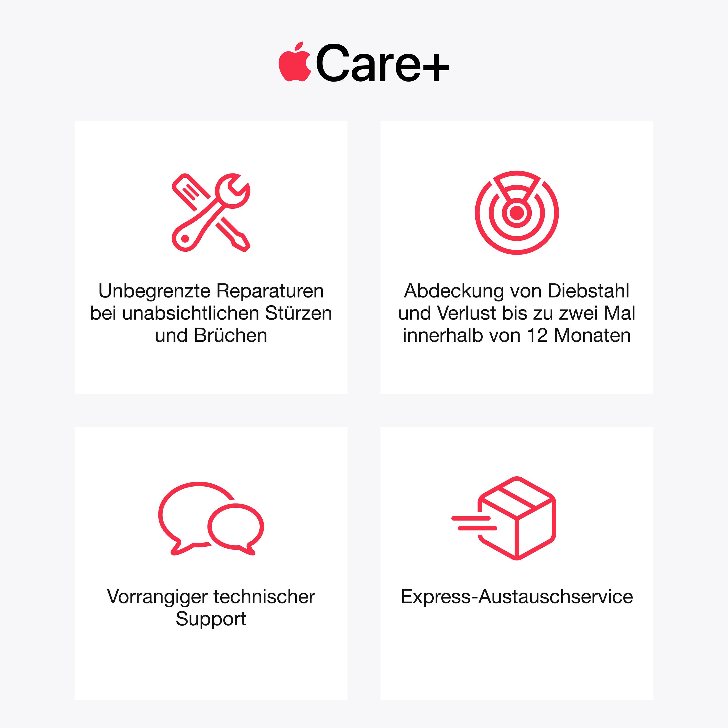 AppleCare+ Vorteile: Unbegrenzte Reparaturen, Abdeckung bei Diebstahl und Verlust, technischer Support, Express-Austauschservice.