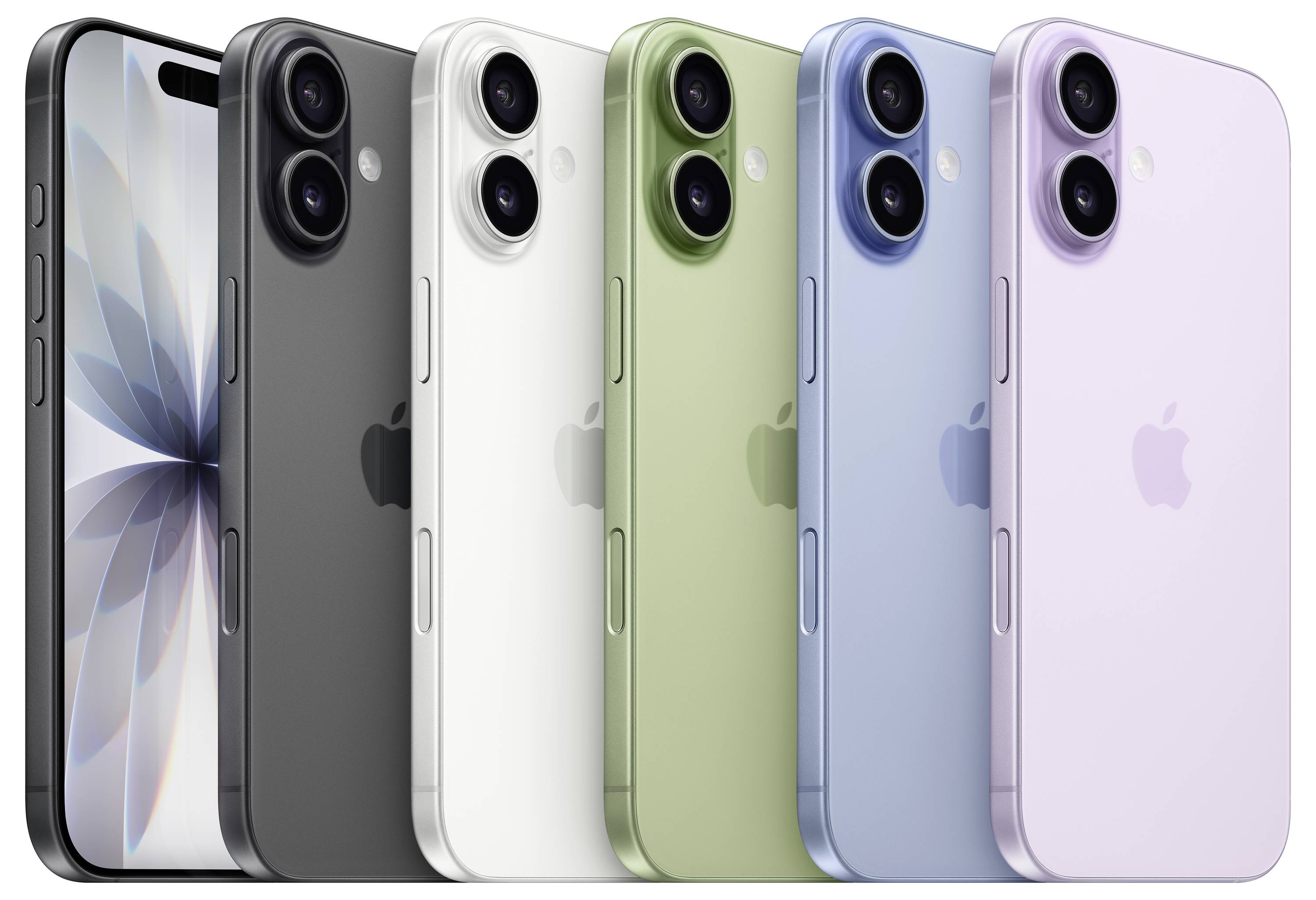Fünf Smartphones in verschiedenen Farben - Schwarz, Weiß, Grün, Blau und Lila - sind nebeneinander ausgerichtet und präsentieren ihr elegantes Design.
