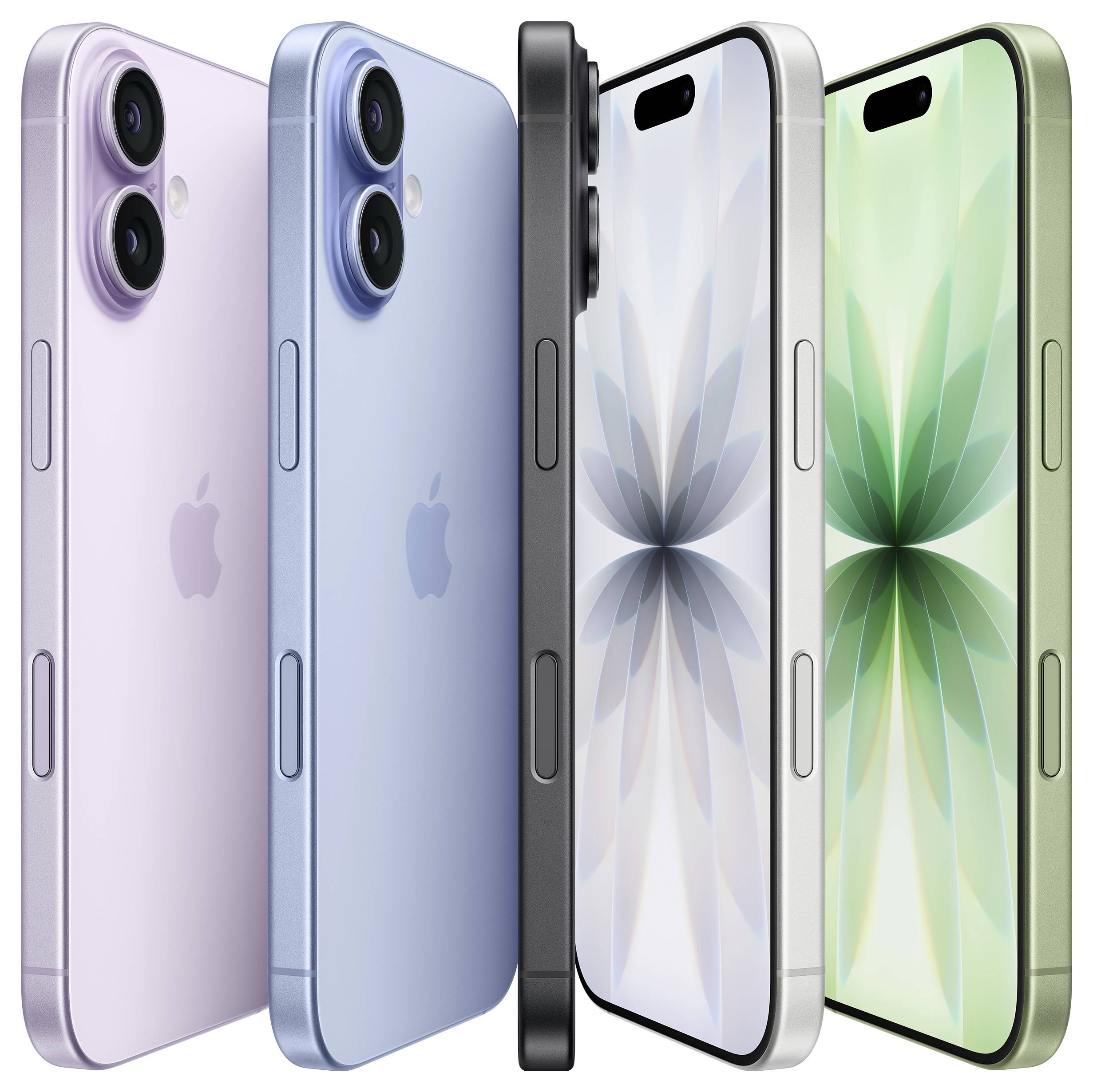 Vier Smartphones in verschiedenen Farben: Hellviolett, Blau, Schwarz und Grün. Jedes Telefon zeigt ein Blumenmuster auf dem Bildschirm.
