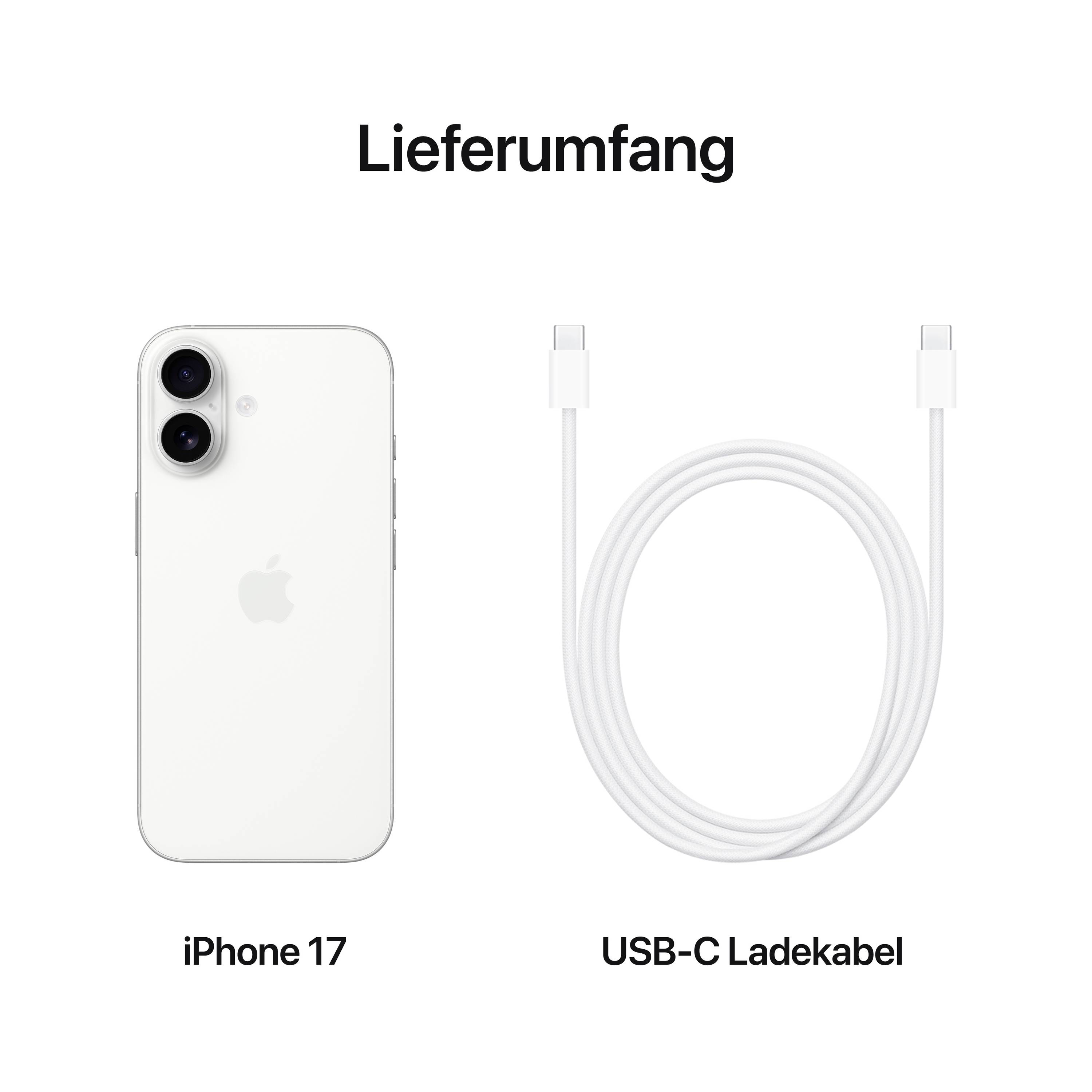 Lieferumfang: iPhone 17 und USB-C Ladekabel nebeneinander dargestellt.
