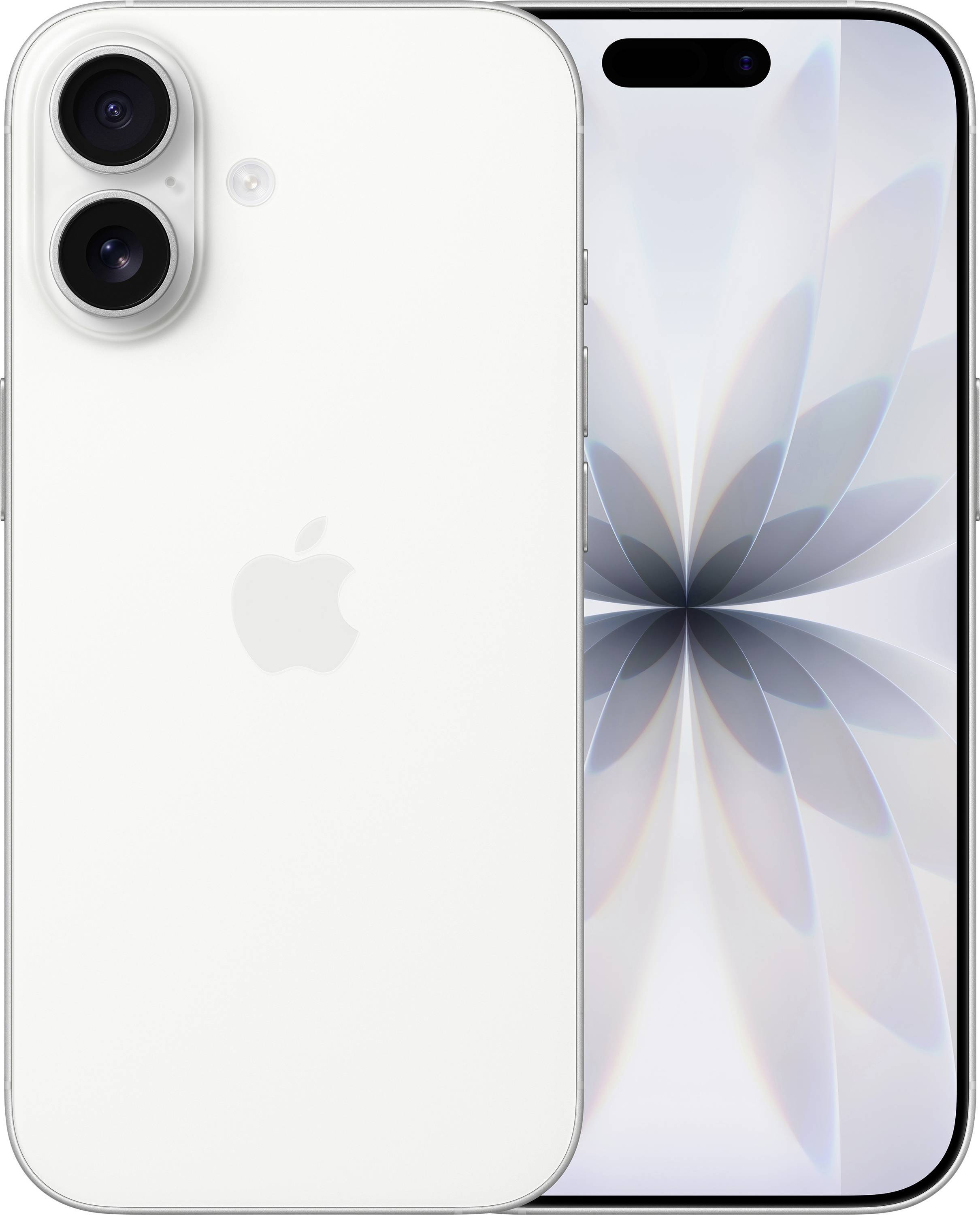 Weißes Smartphone von vorne und hinten gezeigt, mit dualen Rückfahrtkameras, einem Apple-Logo und einem pillenförmigen vorderen Display-Ausschnitt mit abstraktem Hintergrund.