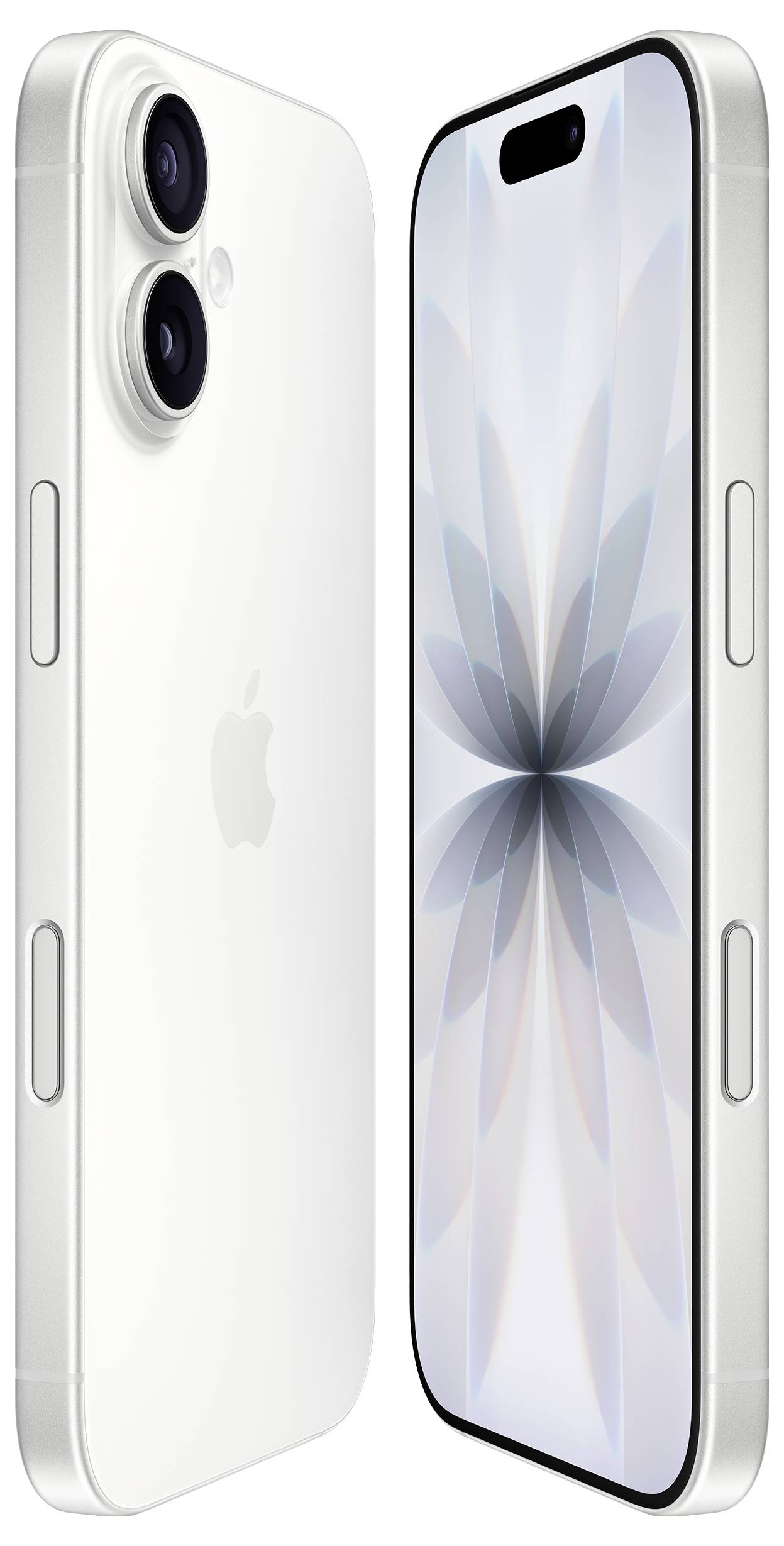 Ein weißes Smartphone mit Dual-Kameras und elegantem Design. Der Bildschirm zeigt ein minimalistisches geometrisches Muster.