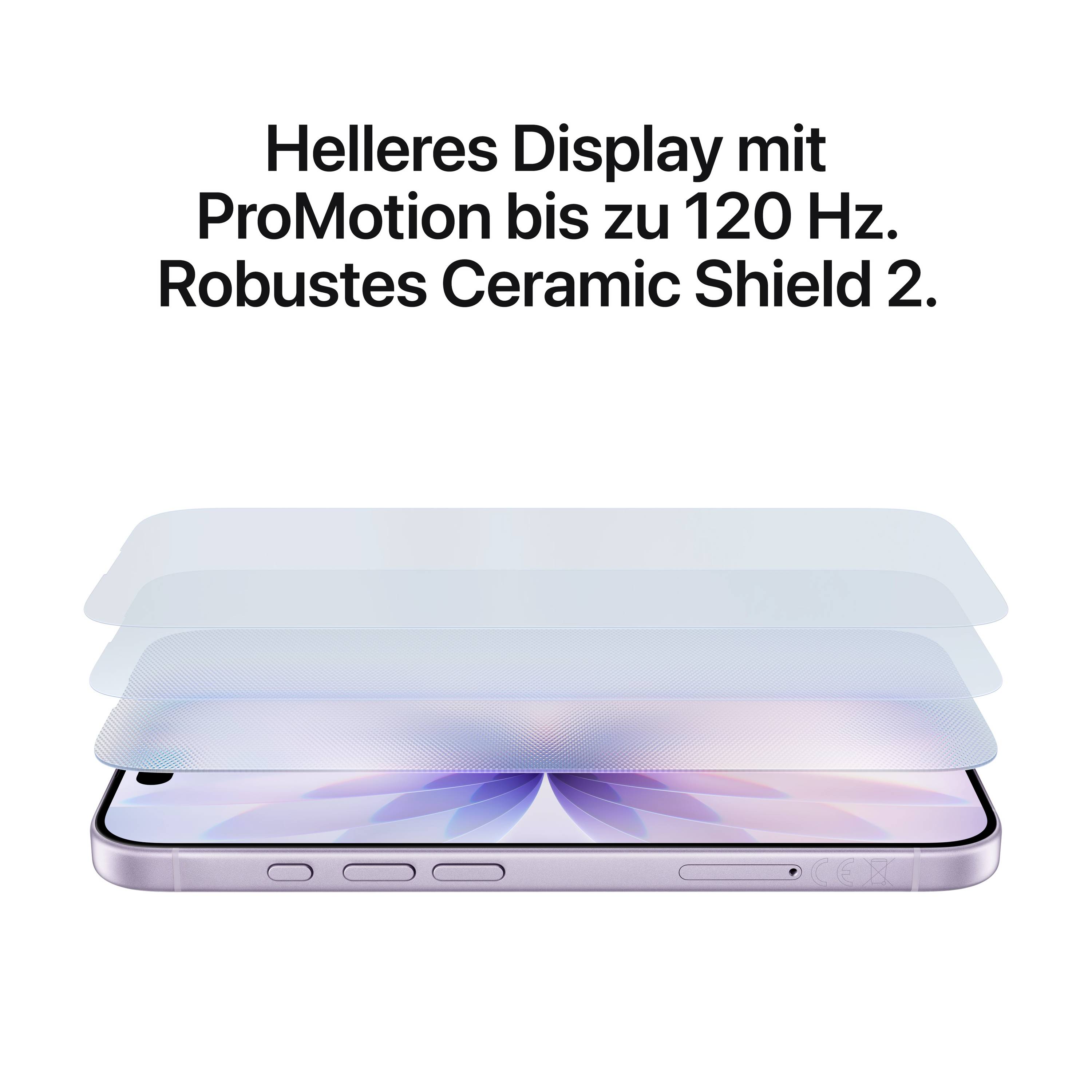 Das Bild zeigt ein Smartphone mit Text: 'Hellere Display mit ProMotion bis zu 120 Hz. Robustes Ceramic Shield 2.'