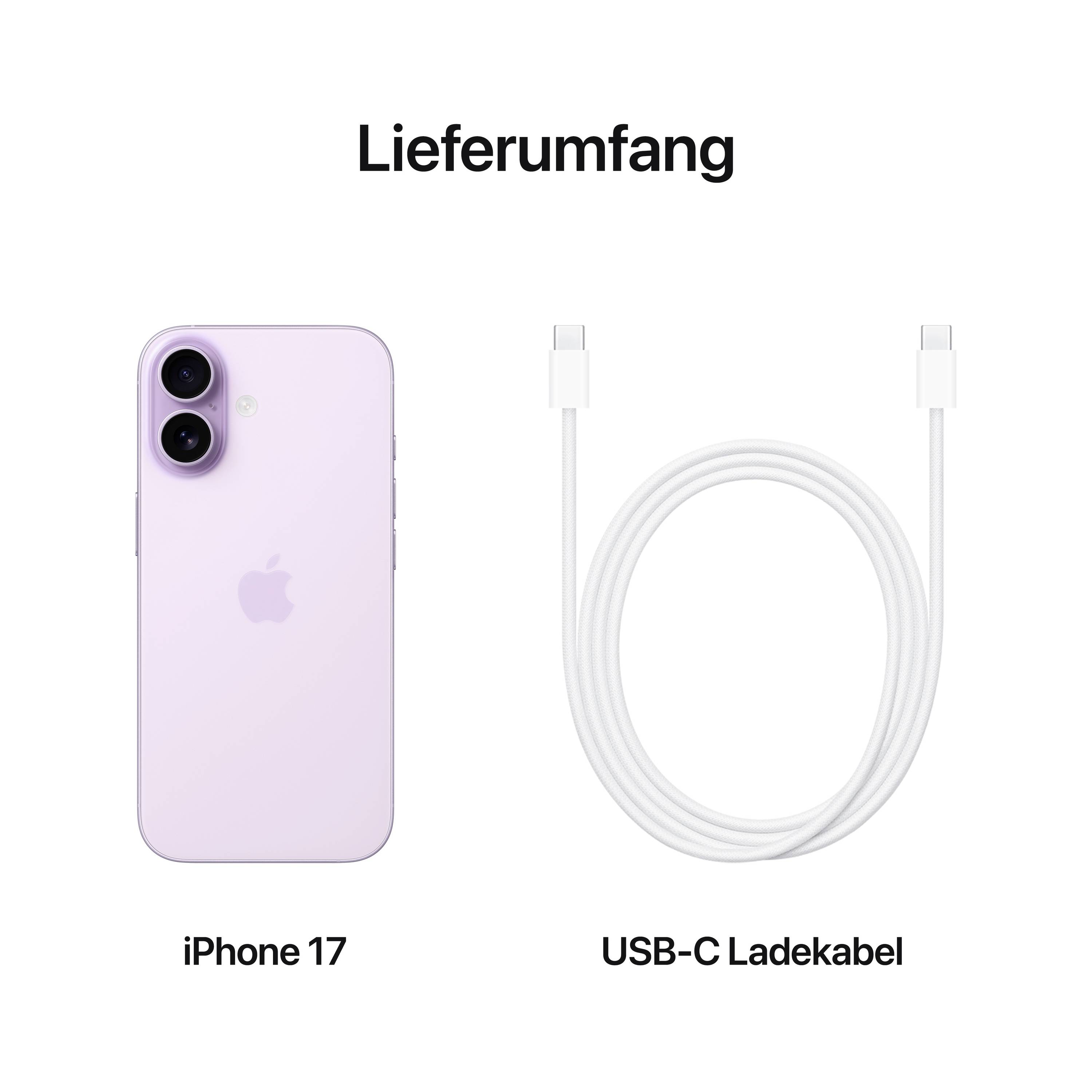 Das Bild zeigt den Lieferumfang eines iPhone 17 in Fliederfarbe und ein weißes USB-C-Ladekabel. Oben steht 'Lieferumfang'.