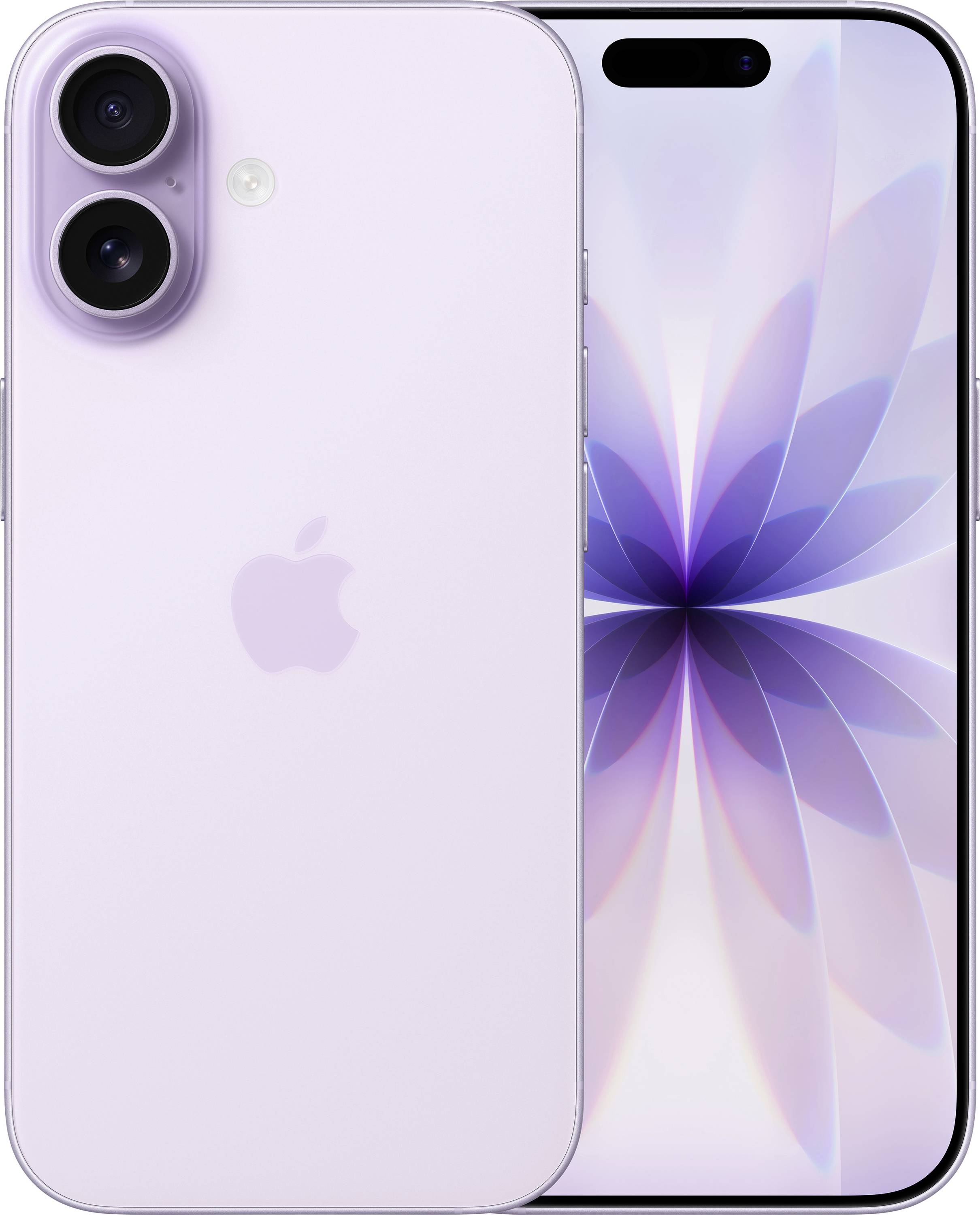 Ein lavendelfarbenes Smartphone mit Dual-Rückkameras und einem Apple-Logo wird präsentiert. Der Frontbildschirm zeigt ein lila blumenartiges Muster.
