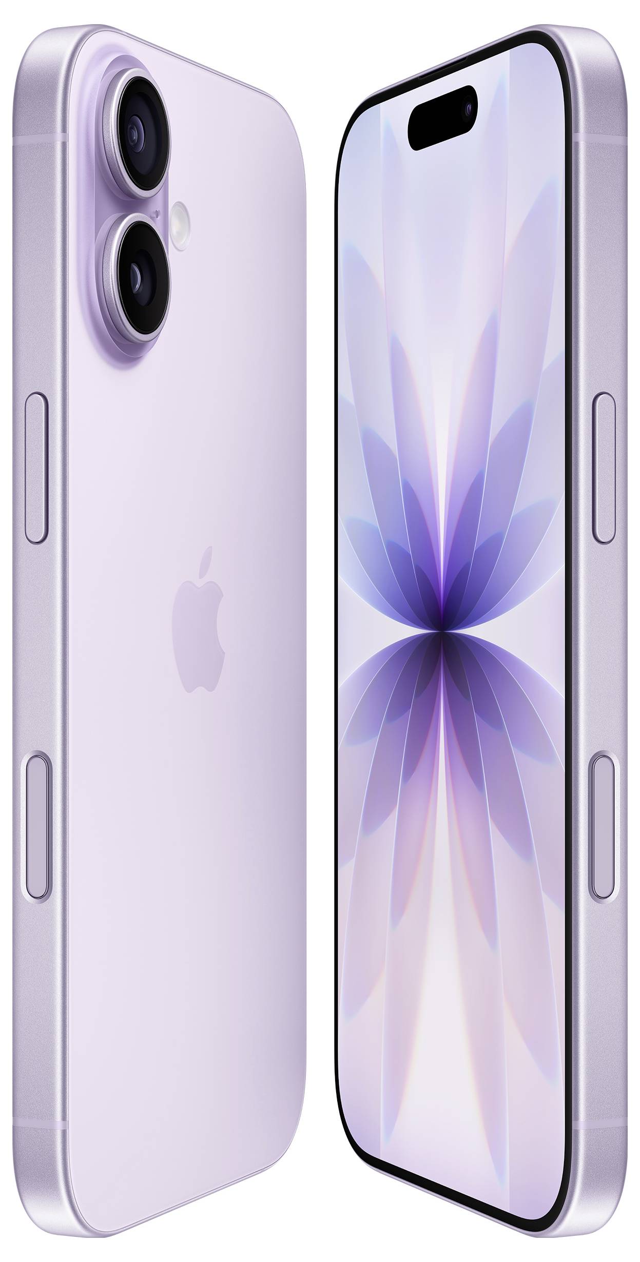 Lila Smartphone mit Dual-Kameras und einem Frontdisplay, das ein blütenartiges Design zeigt. Das Telefon hat ein schlankes, modernes Design.