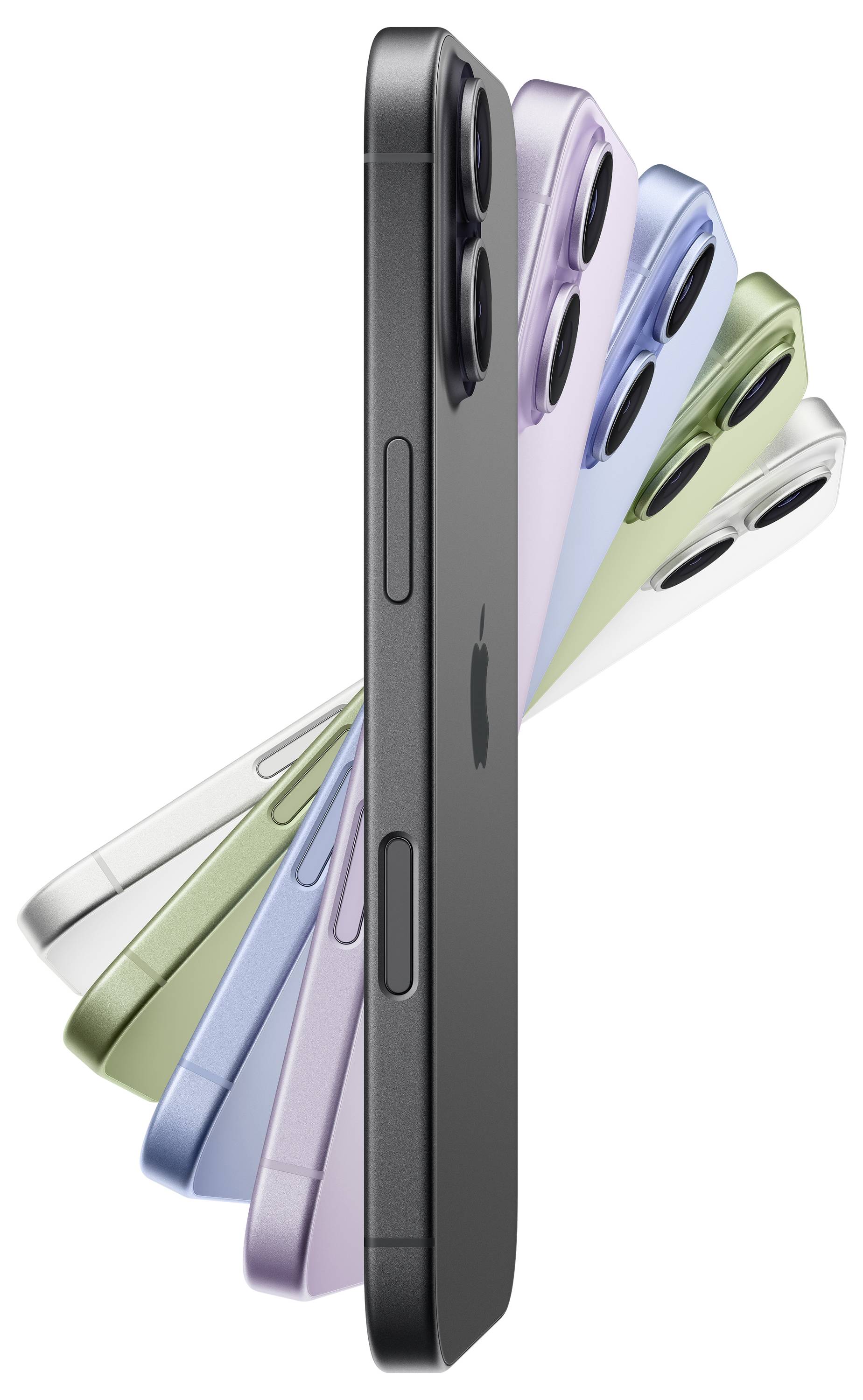 Eine Reihe von Smartphones in verschiedenen Farben: Schwarz, Weiß, Grün, Blau, Lila. Der Fokus liegt auf der Seitenansicht mit Detailansicht der Tasten.