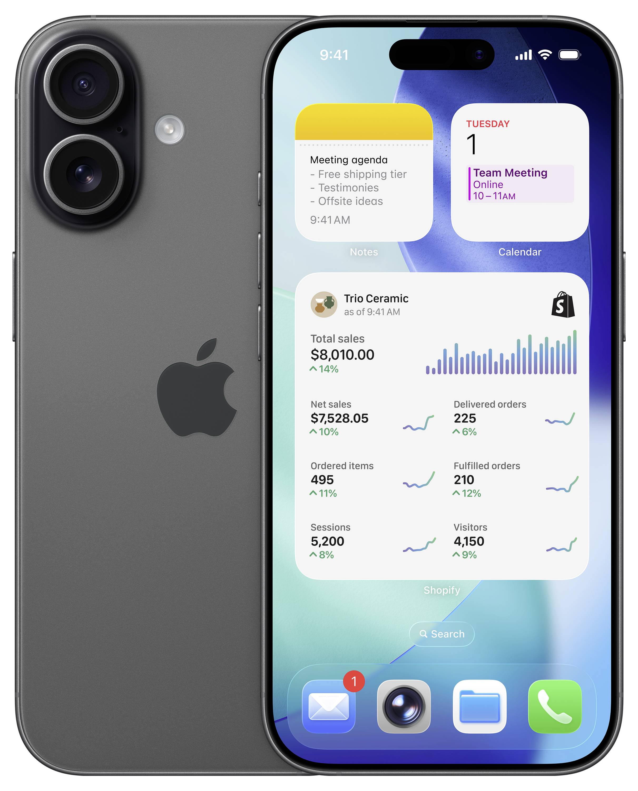 Ein schwarzes Smartphone zeigt einen Kalender, ein Analyse-Dashboard und Benachrichtigungen auf dem Bildschirm. Auch eine größere Ansicht der Rückseite des Displays ist zu sehen.