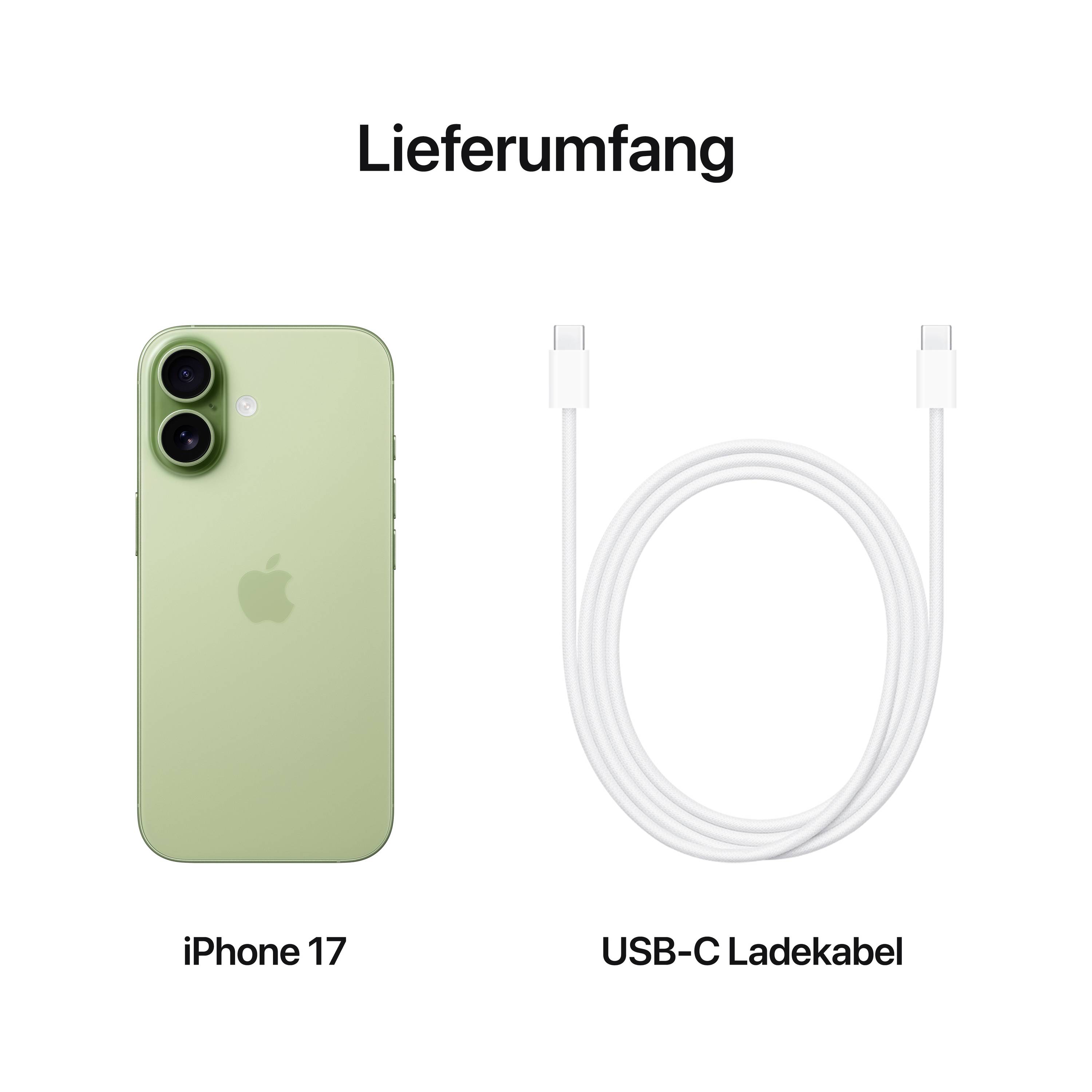 iPhone 17 in Grün und ein USB-C-Ladekabel werden unter dem Titel 'Lieferumfang' dargestellt.