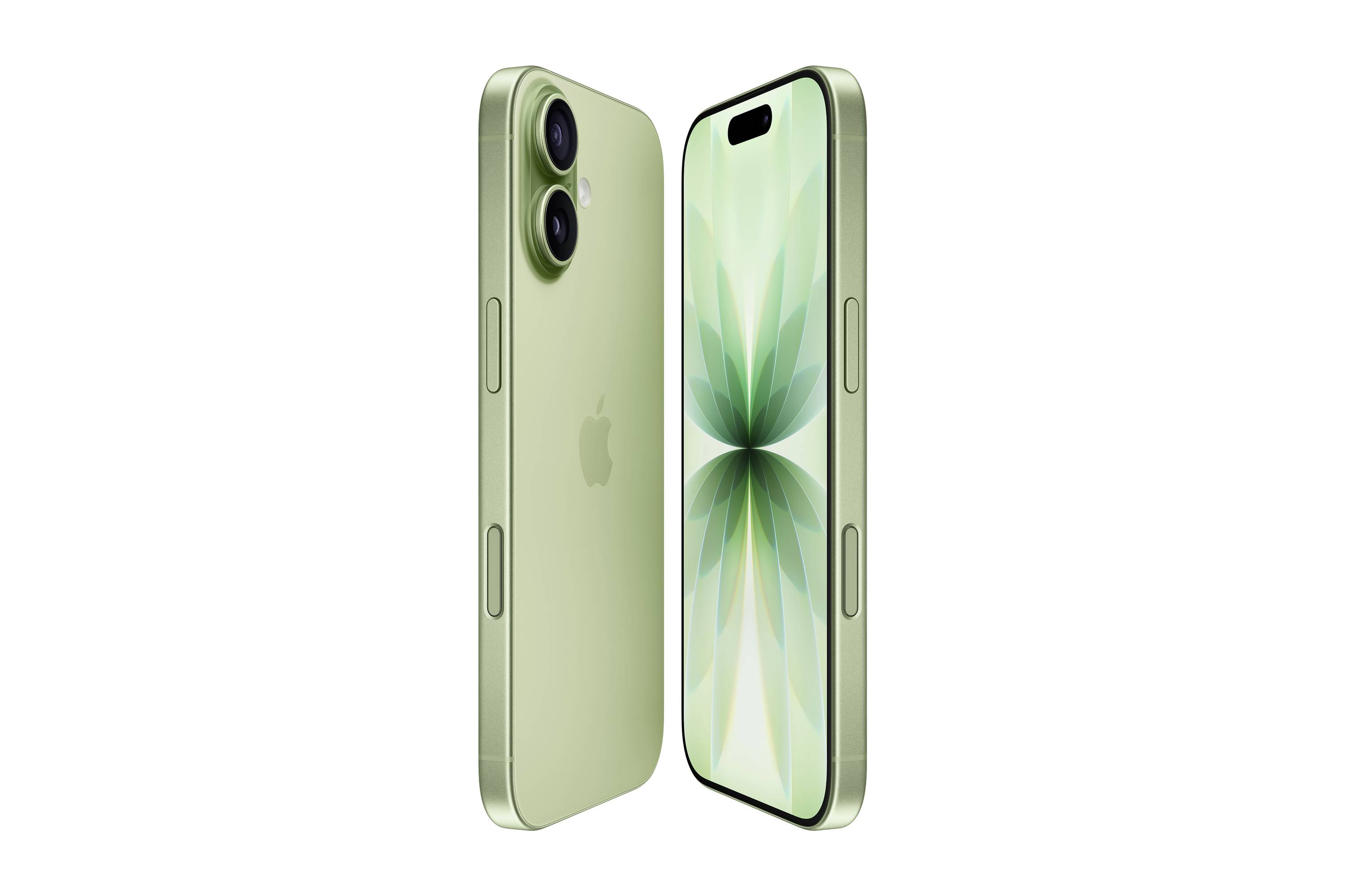 Grünes Smartphone mit Dual-Kameras und einem floralen Displaymuster, von vorne und hinten gezeigt, wobei das elegante Design hervorgehoben wird.
