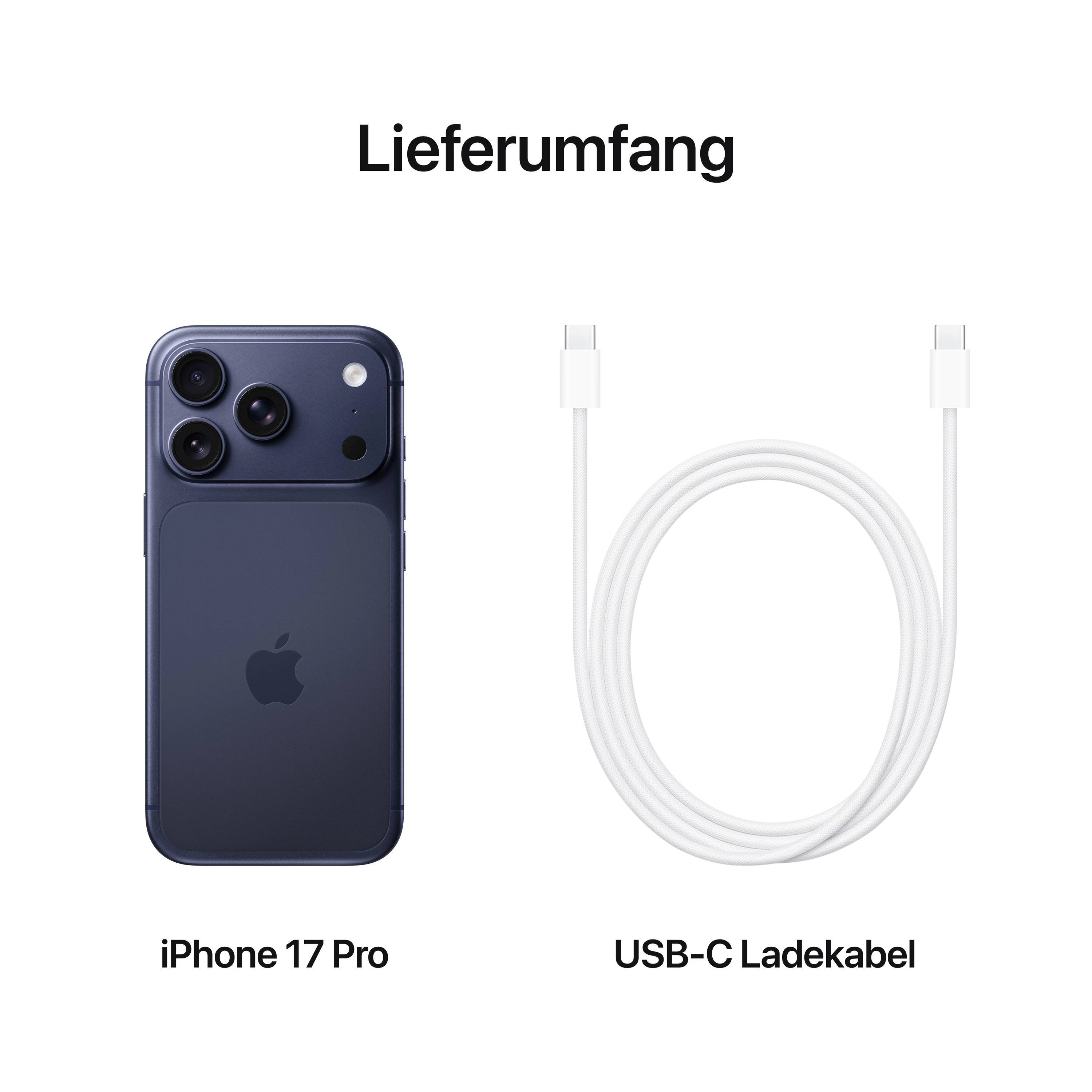 Ein 'iPhone 17 Pro' und ein 'USB-C Ladekabel' werden angezeigt als Teil des Lieferumfangs.