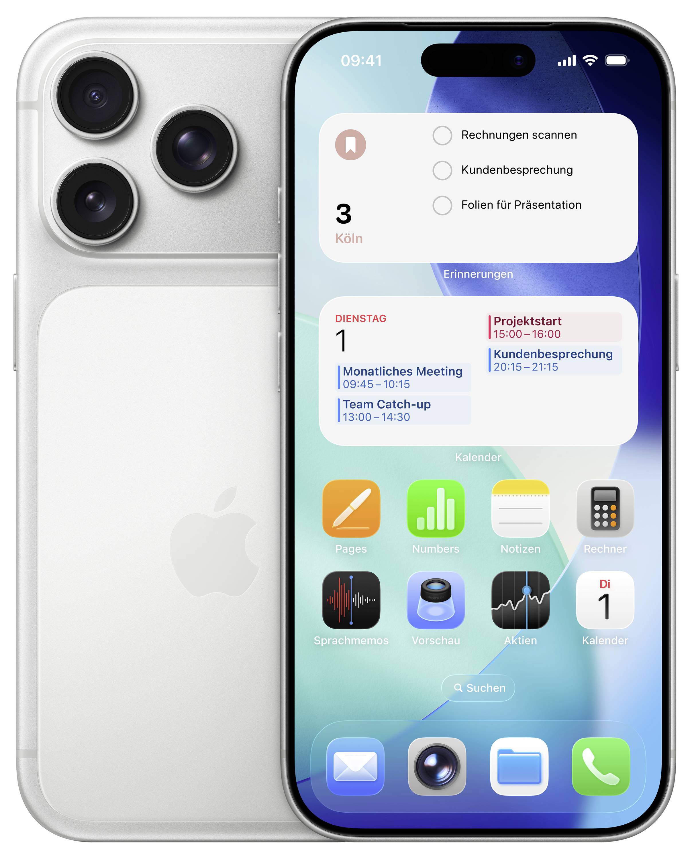 Ein Smartphone, das einen Startbildschirm mit Kalenderereignissen und App-Symbolen zeigt. Die Rückseite weist drei Kameraobjektive auf einem schlanken silbernen Gehäuse auf.
