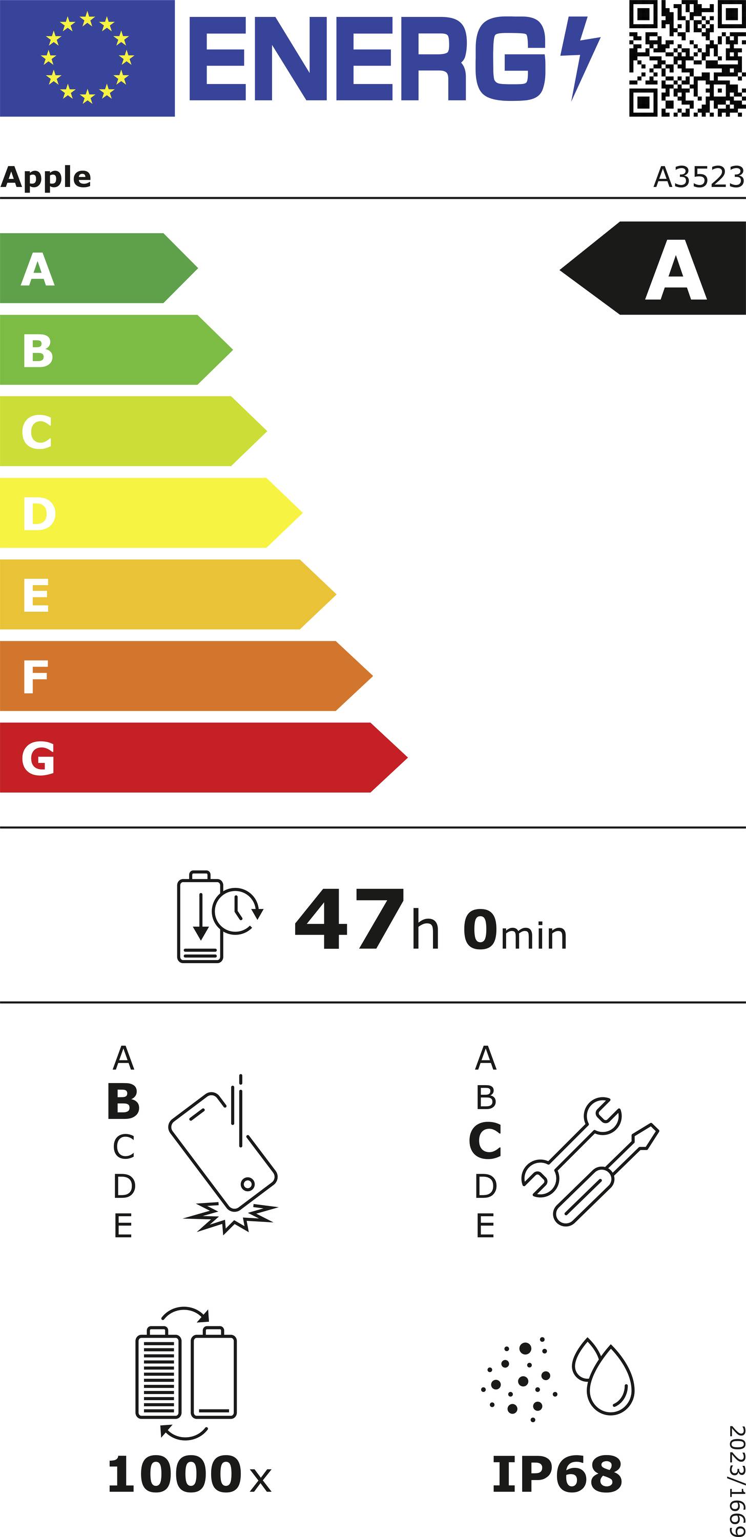 'ENERGIE' Effizienzlabel mit farbcodierter Skala von A bis G; Bewertung 'A'. Gerätemodell A3523 verfügt über 47h Autonomie, 1000x Ladezyklen, IP68-Schutzklasse.