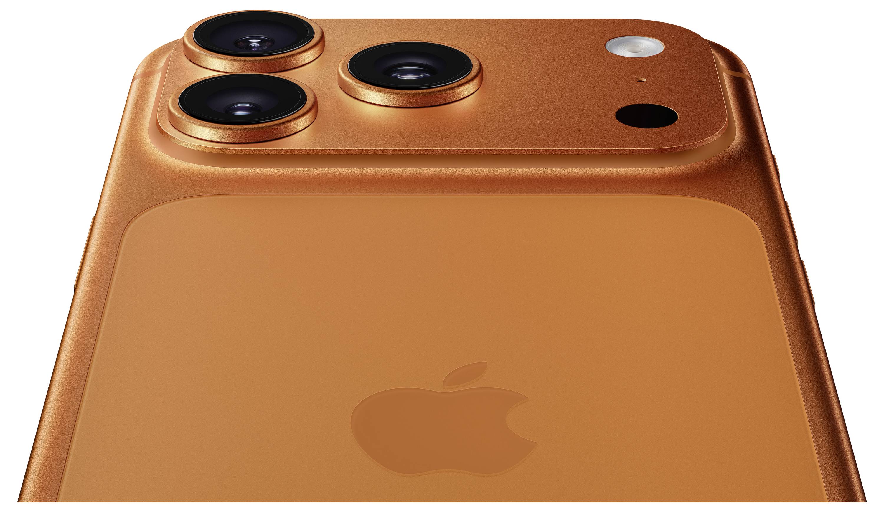 Ein orangefarbenes Smartphone mit drei Rückkameras, einem Blitz und dem Apple-Logo.