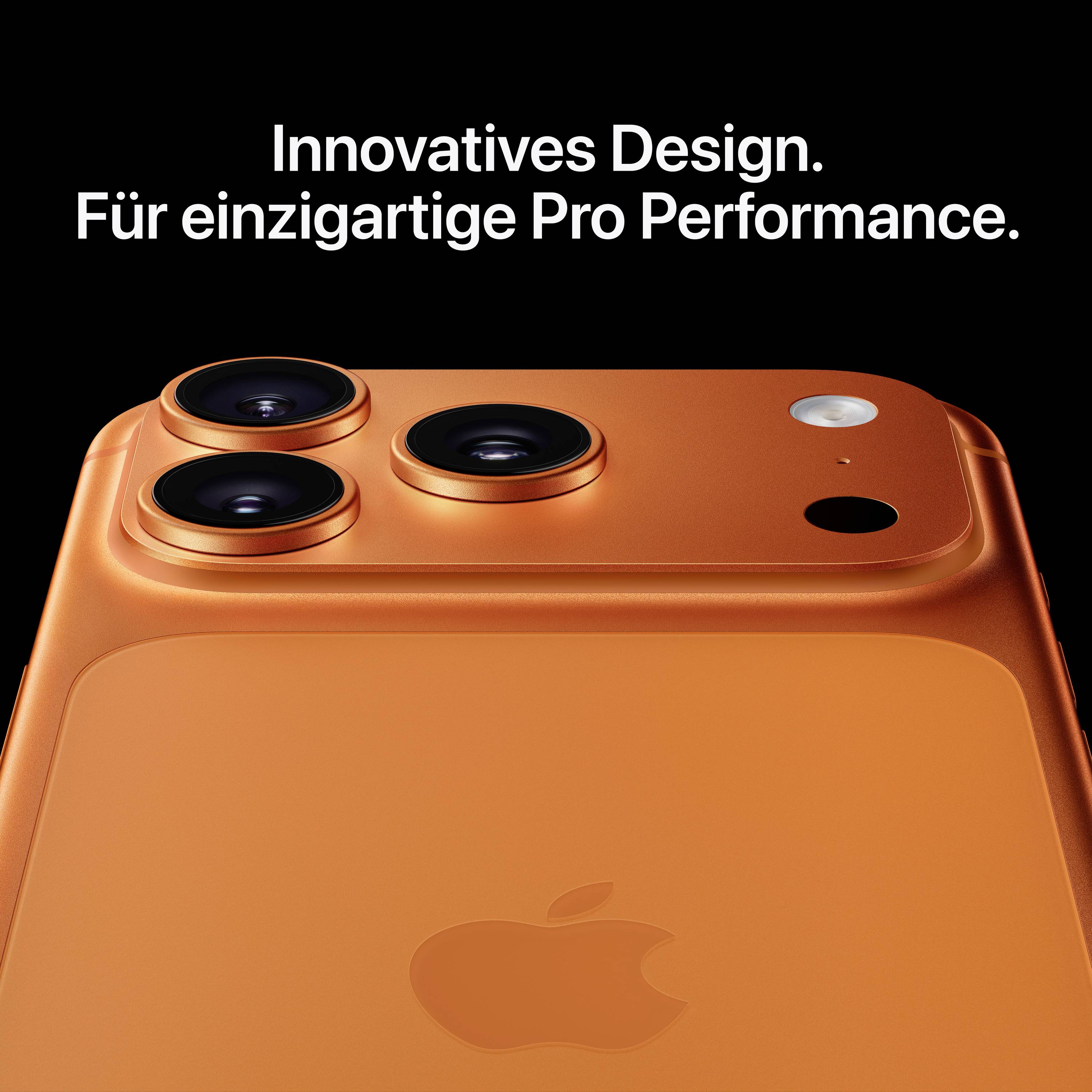 Ein orangefarbenes Smartphone mit drei Kameralinsen und einem glänzenden Apple-Logo, hervorgehoben unter dem Text 'Innovatives Design. Für einzigartige Pro Performance'.