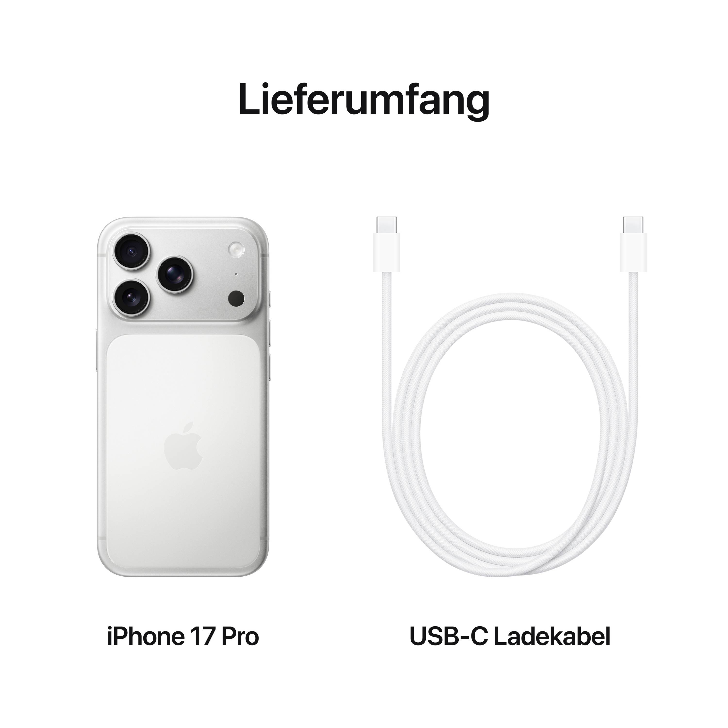 'Lieferumfang': Ein iPhone 17 Pro und ein USB-C Ladekabel sind abgebildet.