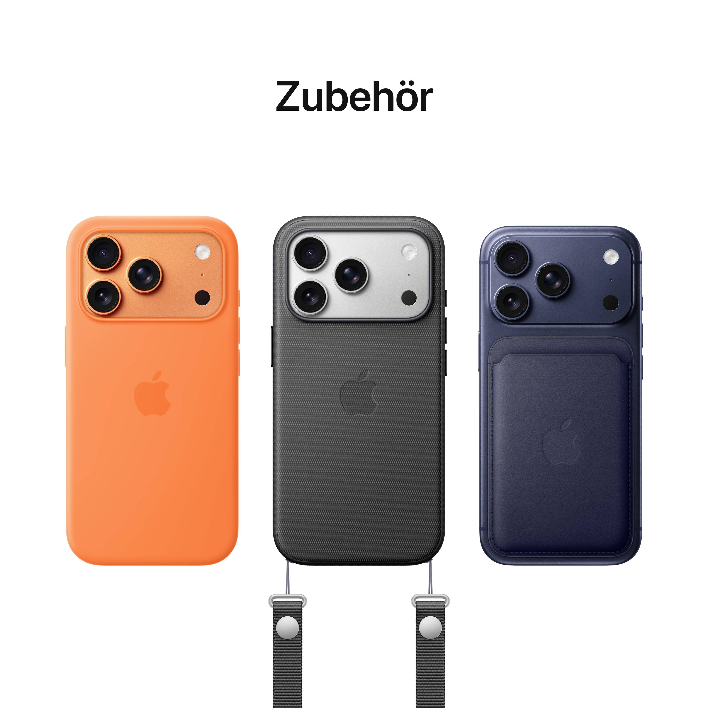Drei iPhone-Hüllen: links orange, Mitte schwarz mit Band, rechts dunkelblau mit Kartenfach, unter der Überschrift 'Zubehör'.