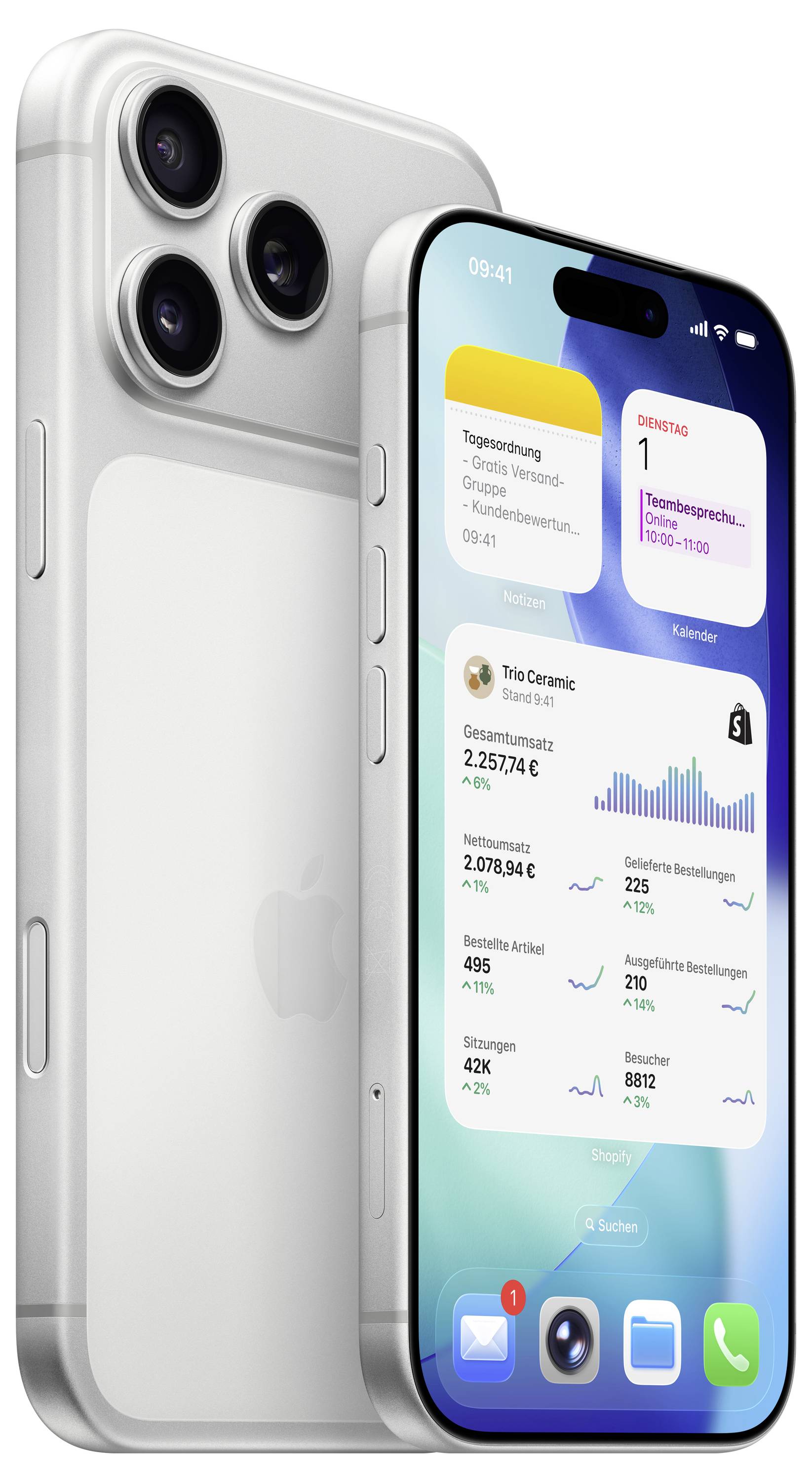 Ein Smartphone, das eine Finanz-App mit Kontostand, Ausgaben und Spardaten anzeigt. Das Design des Telefons umfasst mehrere Rückkameras.