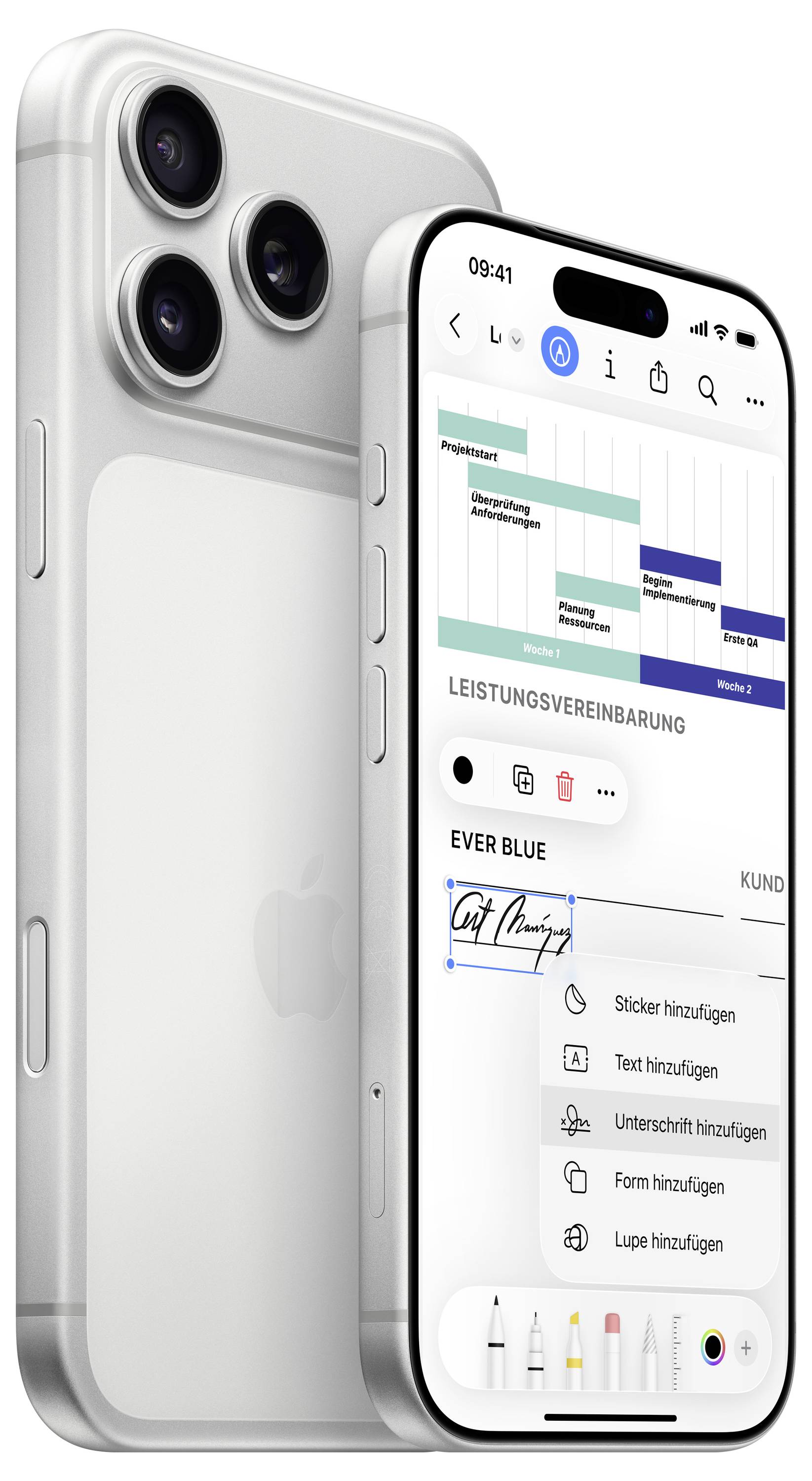 Ein Smartphone mit einem Dreifach-Kamerasystem wird gezeigt, während es eine Dokumentbearbeitungs-App mit Funktionen wie Stickern, Text und Formulareinlagen anzeigt.