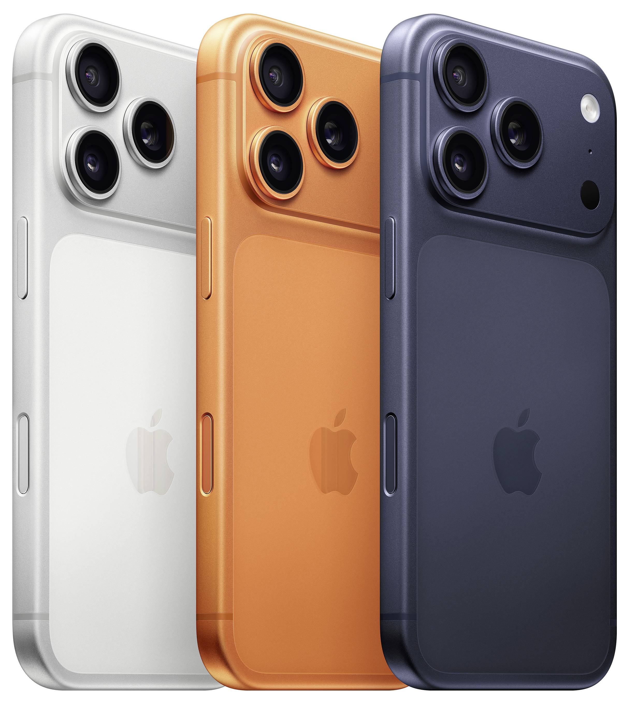 Drei Smartphones werden in Weiß, Orange und Dunkelblau präsentiert. Jedes verfügt über eine Triple-Objektiv-Kamera und ein schlankes, modernes Design.
