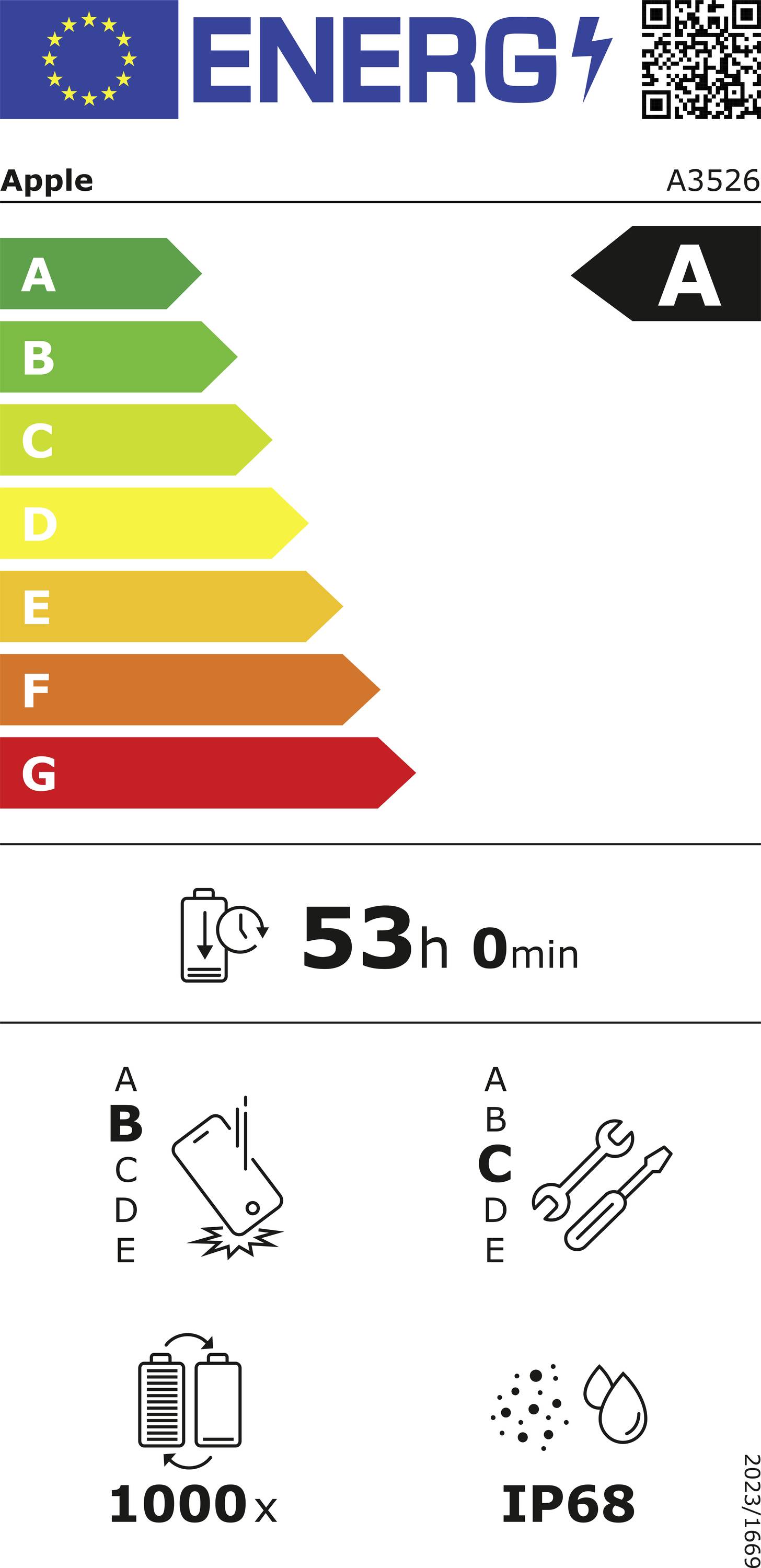 Das 'Energ' Label zeigt eine 'A' Bewertung für das Produktmodell 'A3526' mit 53-stündiger Akkulaufzeit, 1000 Ladungen und IP68 Wasser- und Staubresistenz.