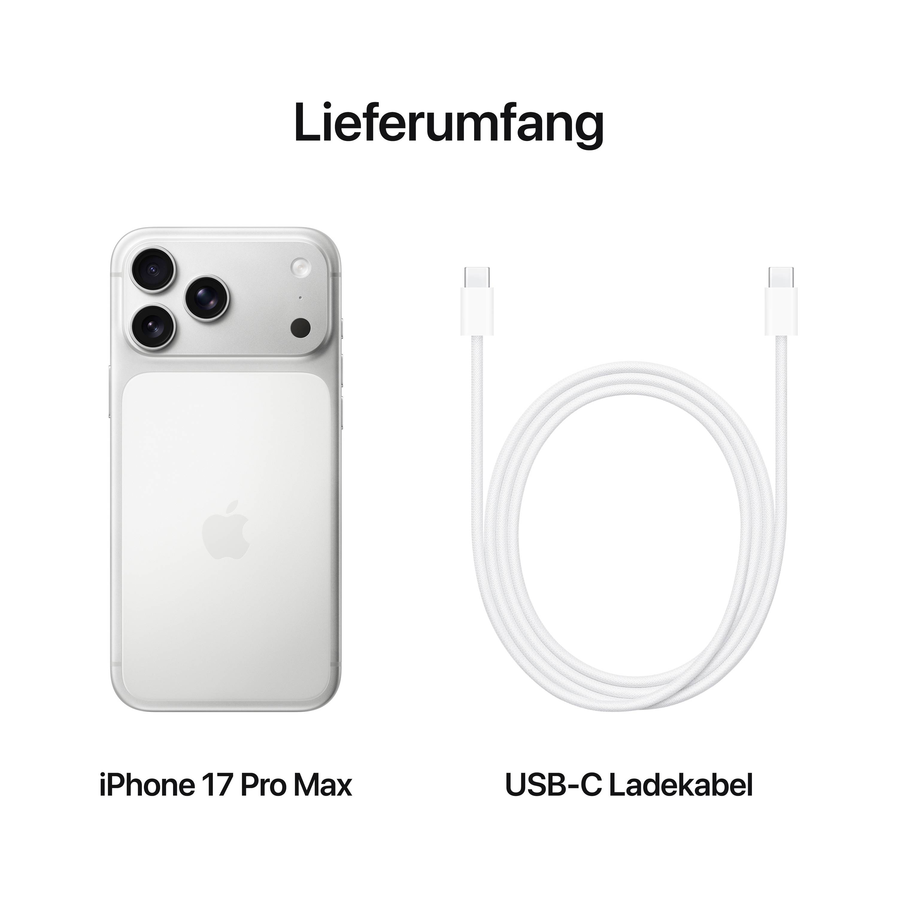 iPhone 17 Pro Max und USB-C-Ladekabel abgebildet unter der Überschrift 'Lieferumfang'.