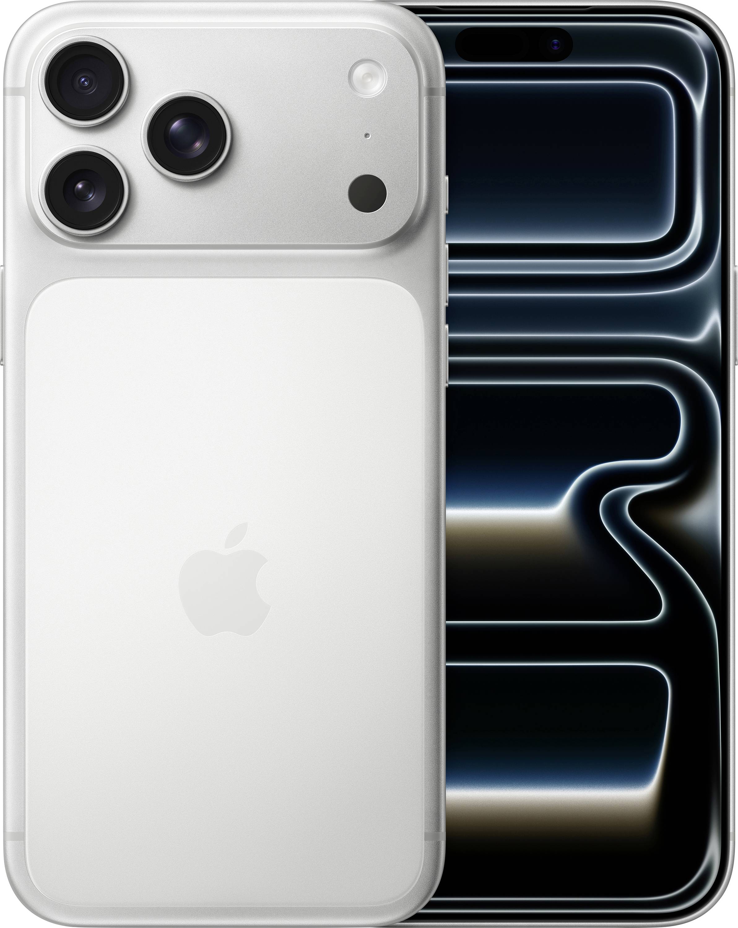 Zwei Smartphones, eines zeigt eine weiße Rückseite mit drei Kameras und dem Apple-Logo, das andere präsentiert einen futuristischen, abstrakten Hintergrund.