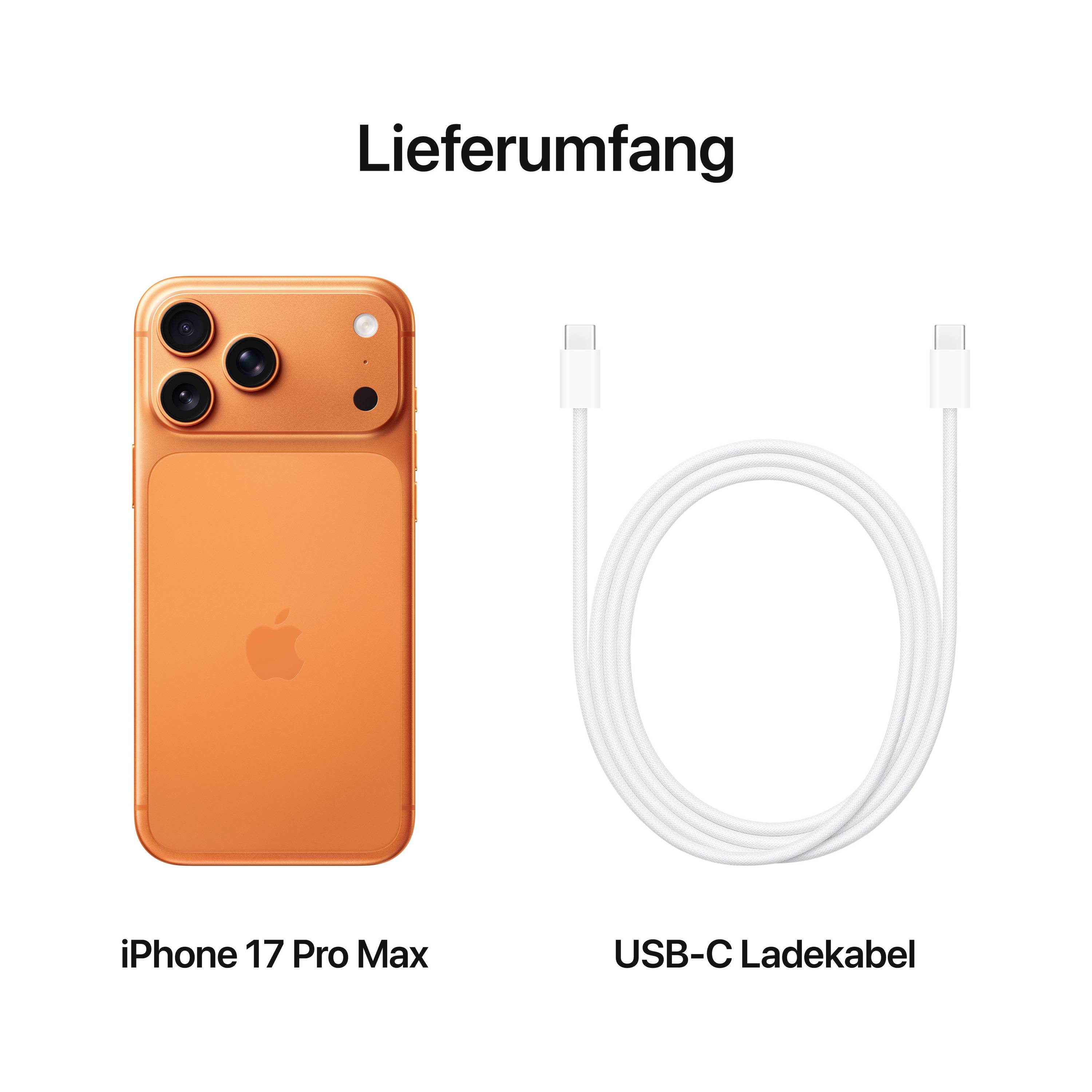 Lieferumfang zeigt ein oranges iPhone 17 Pro Max links und ein USB-C Ladekabel rechts.