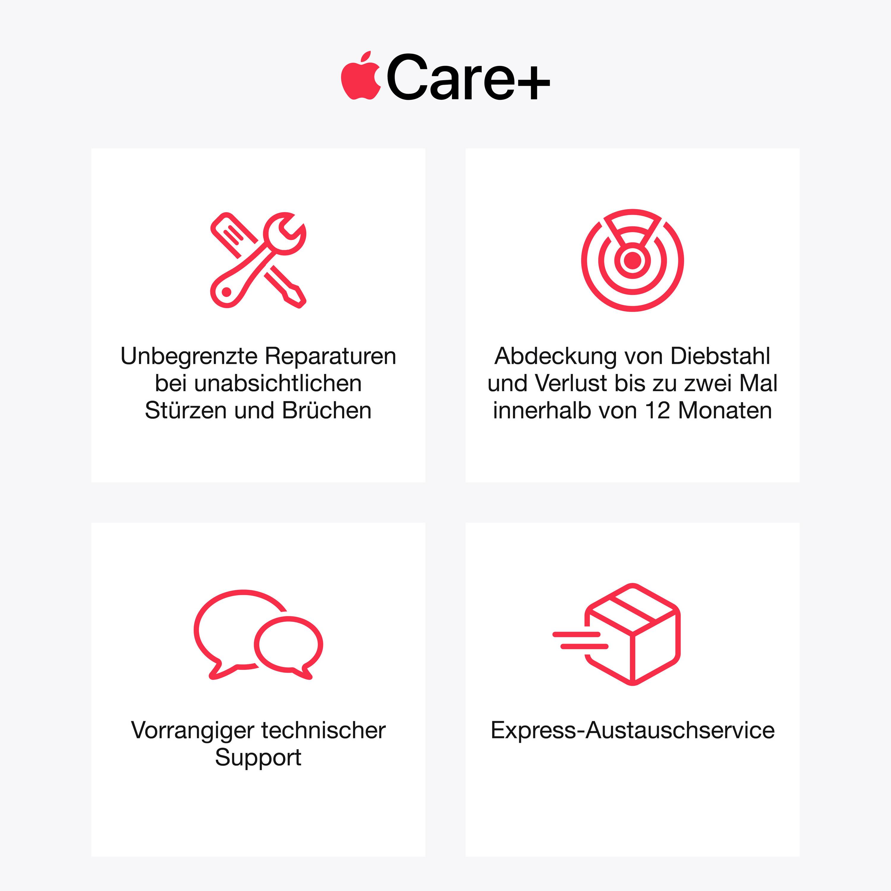'Care+'-Visual mit vier Symbolen: Reparaturdienste, Schutz gegen Diebstahl, technischer Support und Expressaustausch-Service.