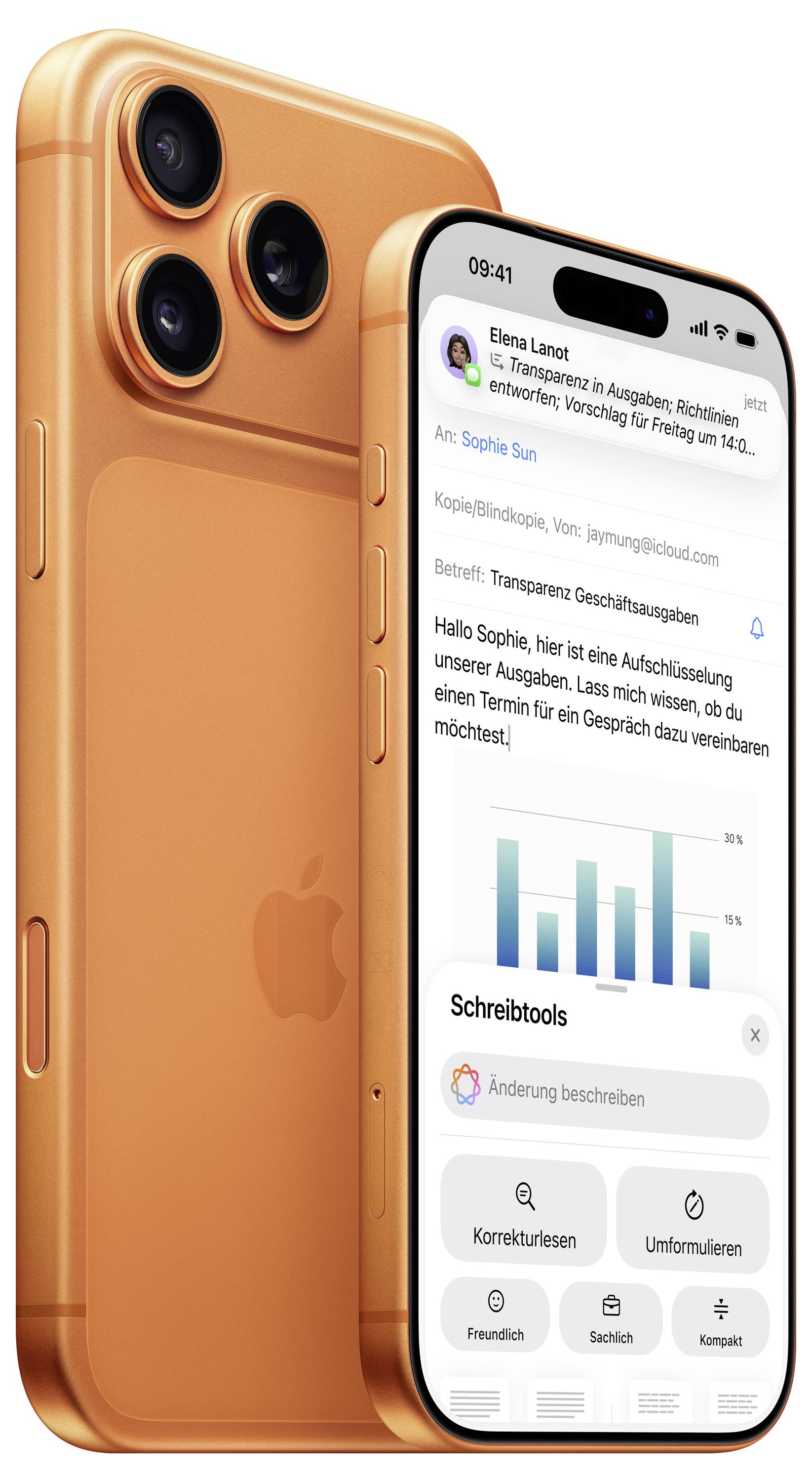 Ein Smartphone mit einer Triple-Kamera-Ausstattung in orange Farbe. Der Bildschirm zeigt eine Nachrichtenoberfläche und ein Balkendiagramm, was auf geschäftliche Kommunikation hindeutet.