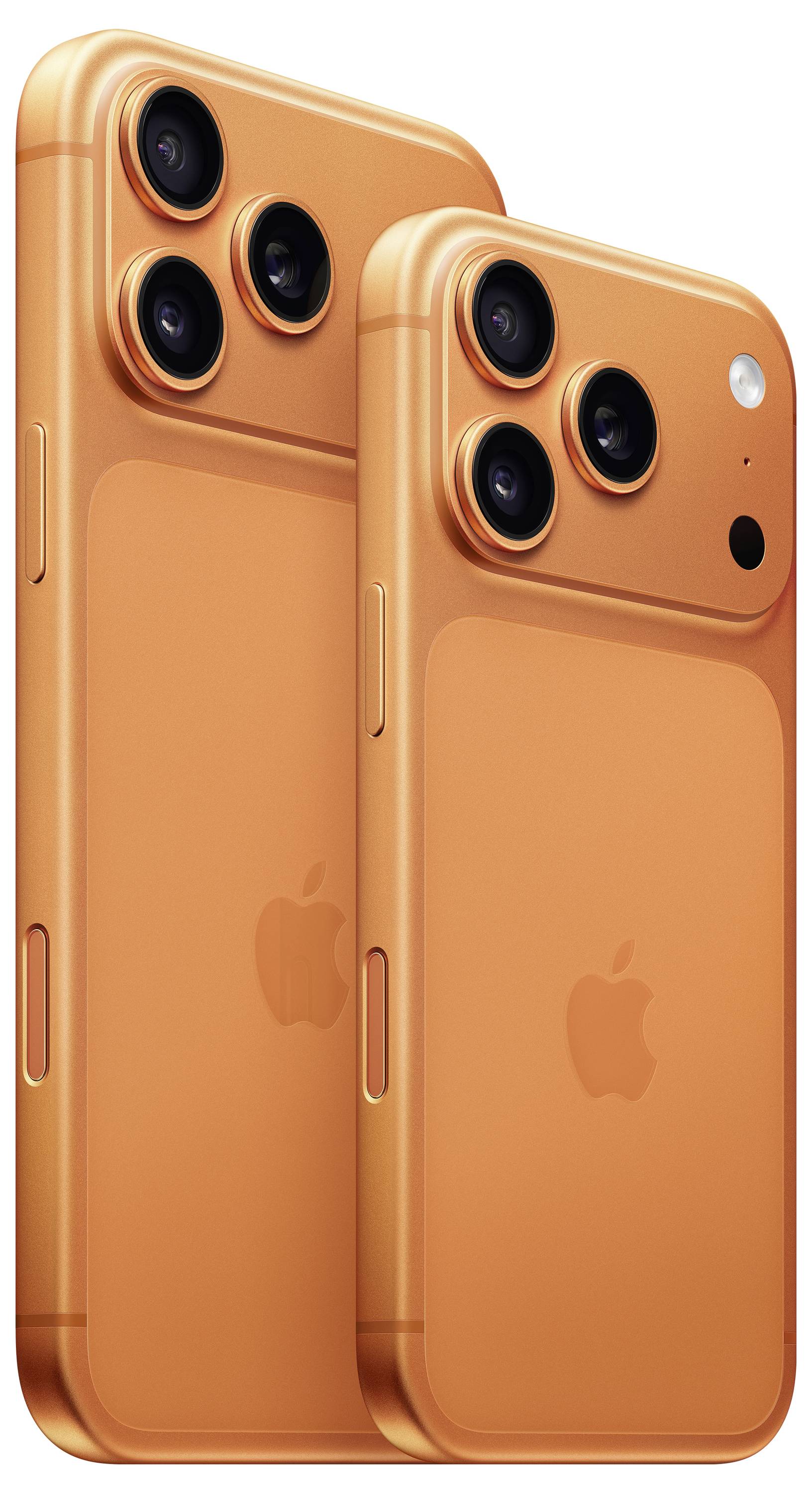 Zwei orangefarbene Smartphones mit mehreren Rückkameras und Apple-Logo.