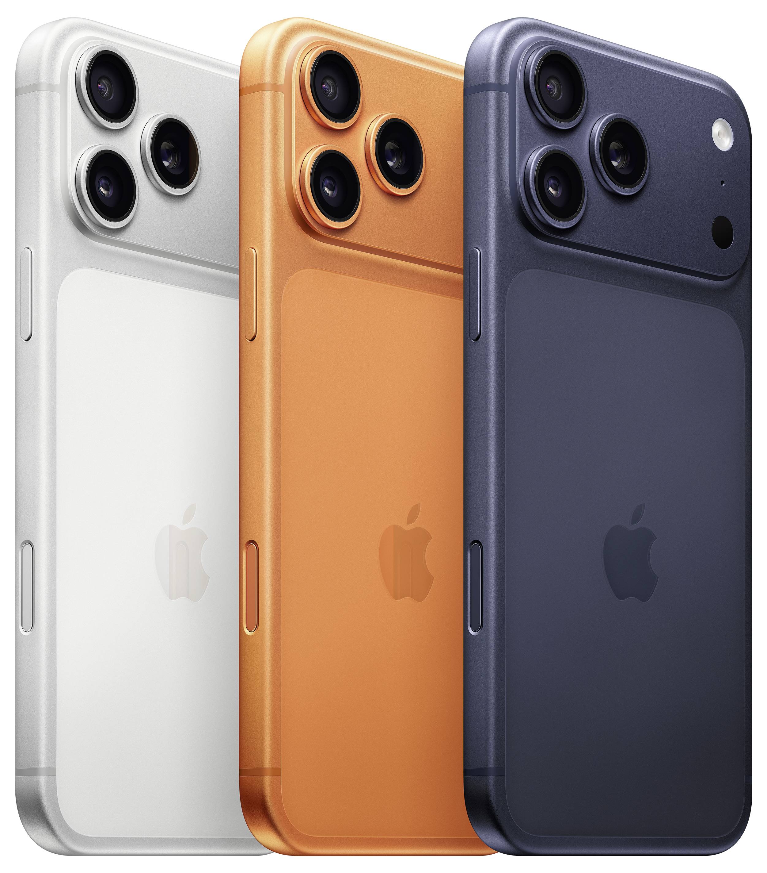 Drei Smartphones in Weiß, Orange und Blau stehen vertikal und zeigen das Design der Rückseite mit dreifachen Kameraaufbauten und einer schlanken Oberfläche.