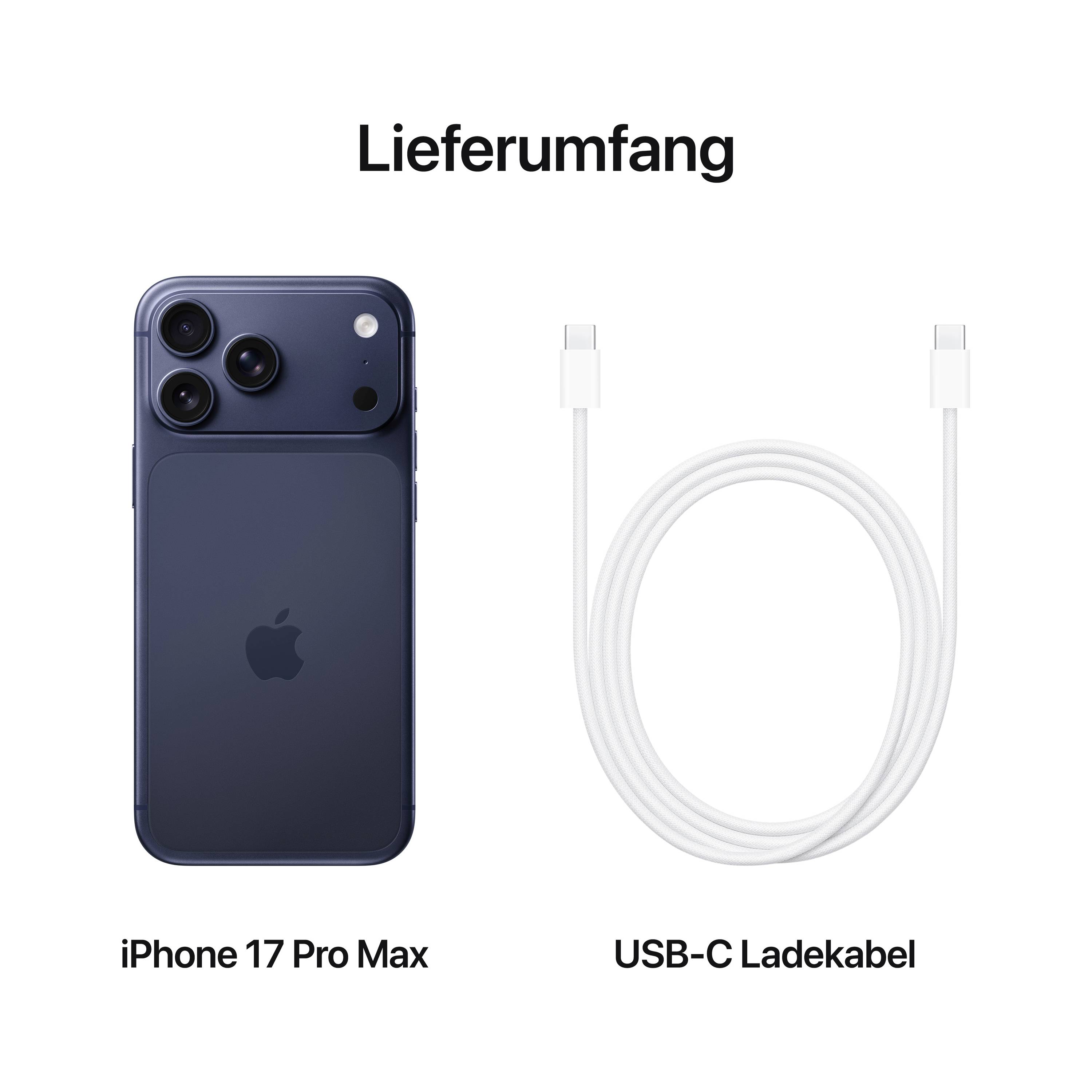 Lieferumfang: iPhone 17 Pro Max und USB-C Ladekabel nebeneinander dargestellt.