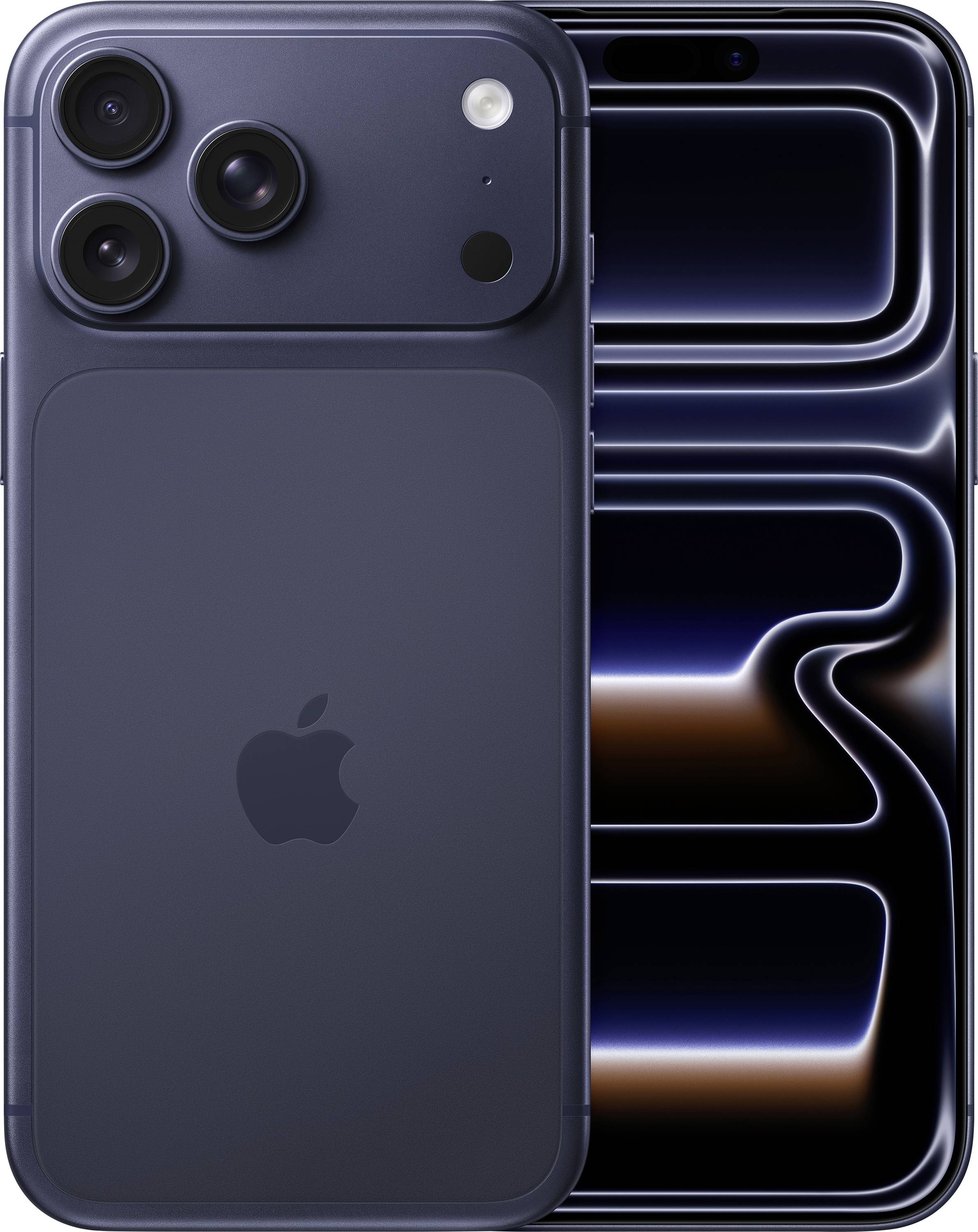 Vorder- und Rückansicht eines dunkel gefärbten Smartphones mit dreifacher Kameraeinheit und Apple-Logo. Das Display zeigt ein stilisiertes abstraktes Muster.