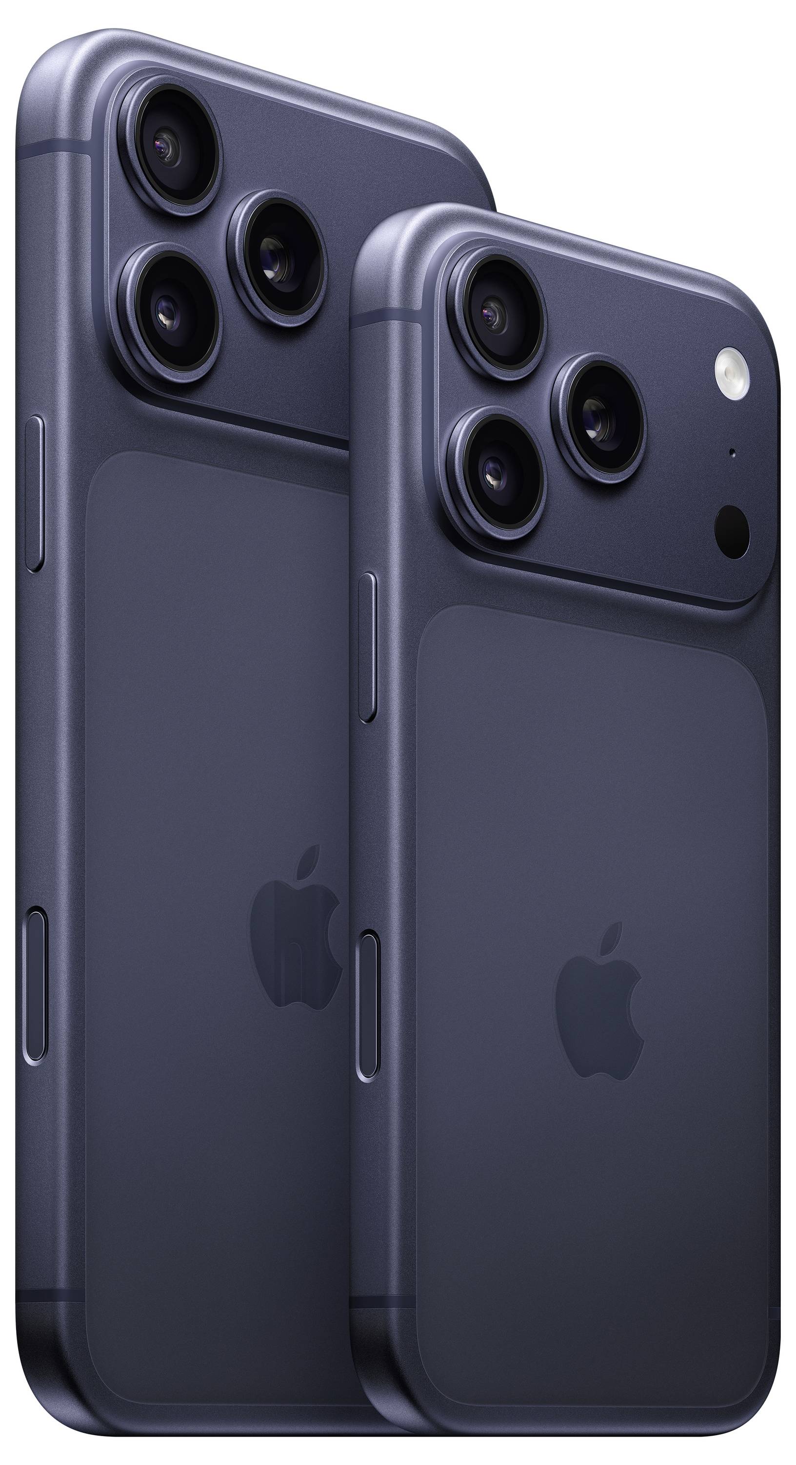 Zwei moderne Smartphones in dunkler Metallic-Optik, mit drei Rückkameras und einem eleganten Design, die fortschrittliche Kameratechnologie präsentieren.