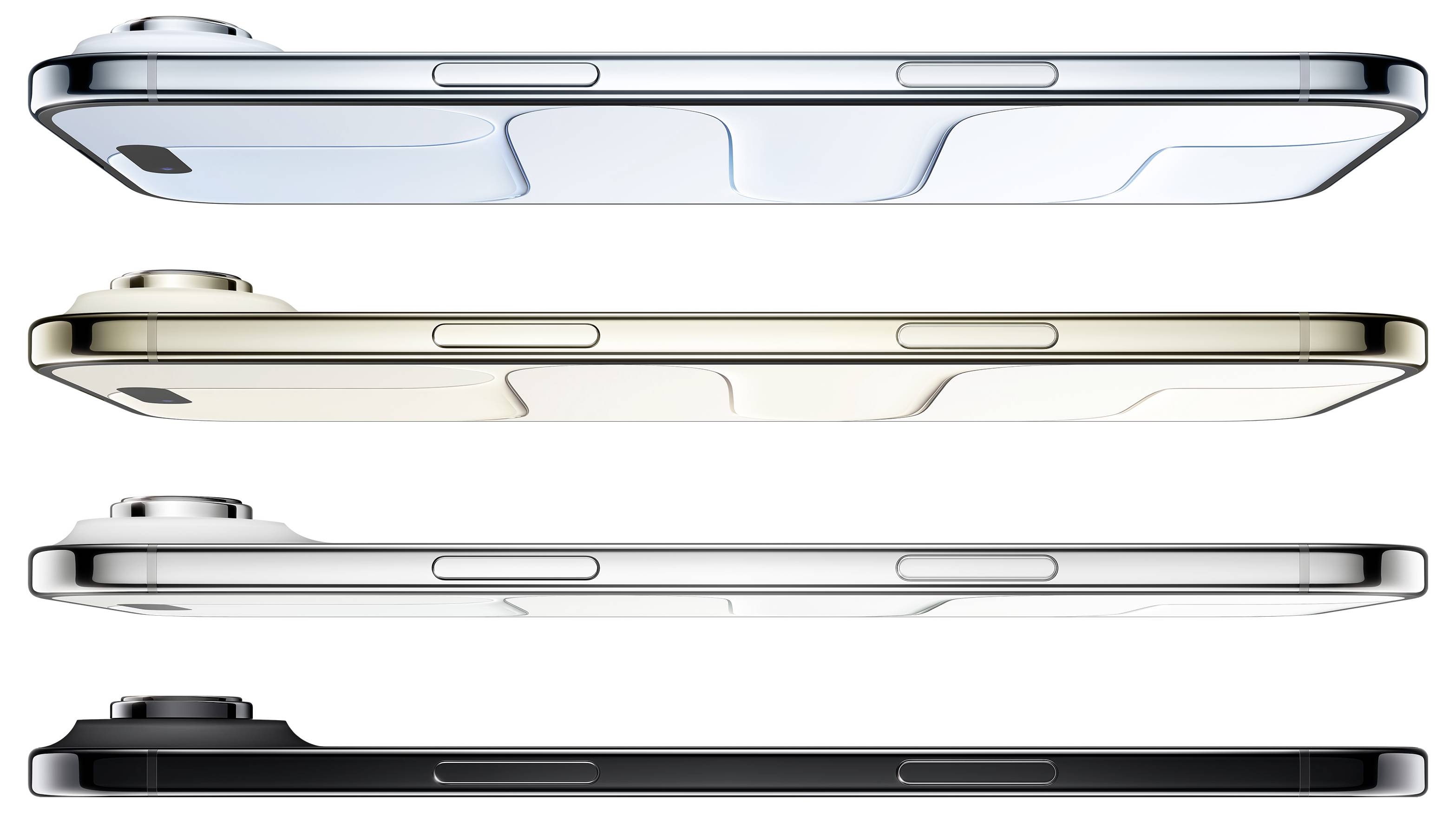 Vier Smartphones in verschiedenen Farben (Blau, Gold, Weiß, Schwarz), von der Seitenansicht gezeigt, wobei das schmale Profil und der Kameraaufsatz hervorgehoben werden.