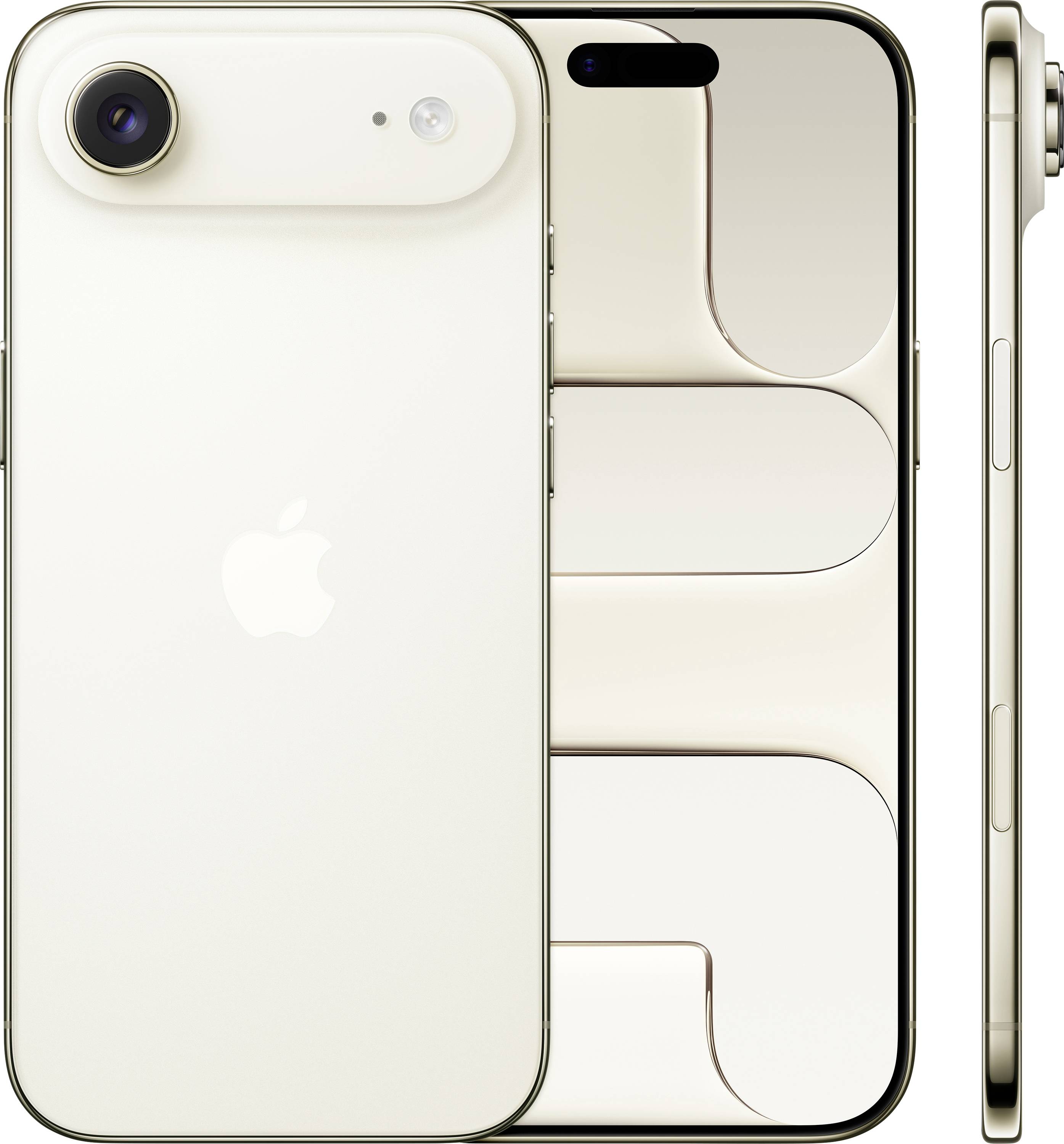 Vorder- und Seitenansicht eines Smartphones mit weißer Rückseite, einzelner Rückkamera und einem Display, das ein geometrisches Muster zeigt.