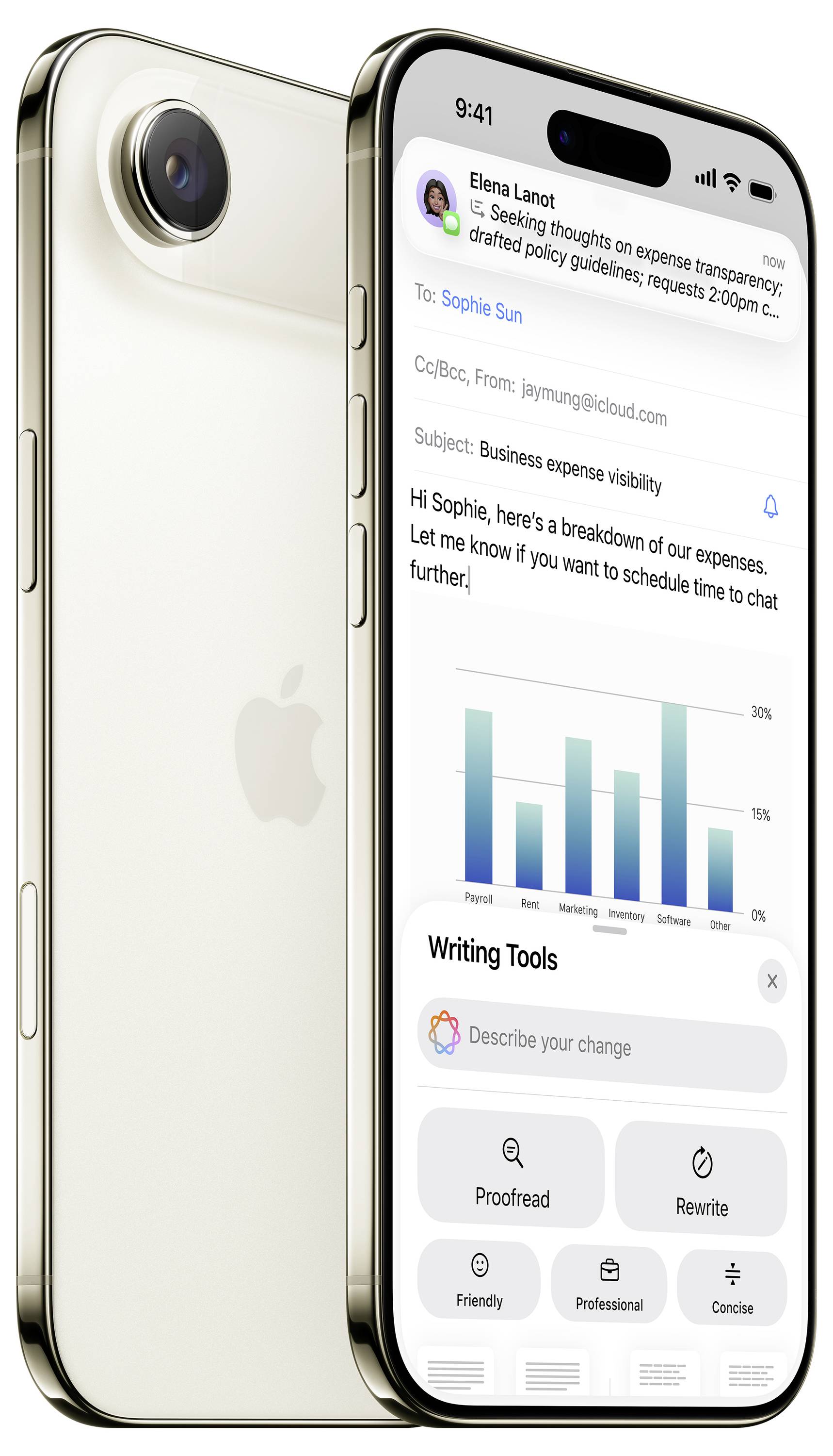 Smartphone, der eine E-Mail über Ausgabentransparenz mit einem Diagramm und Schreibwerkzeugoptionen wie „Korrekturlesen