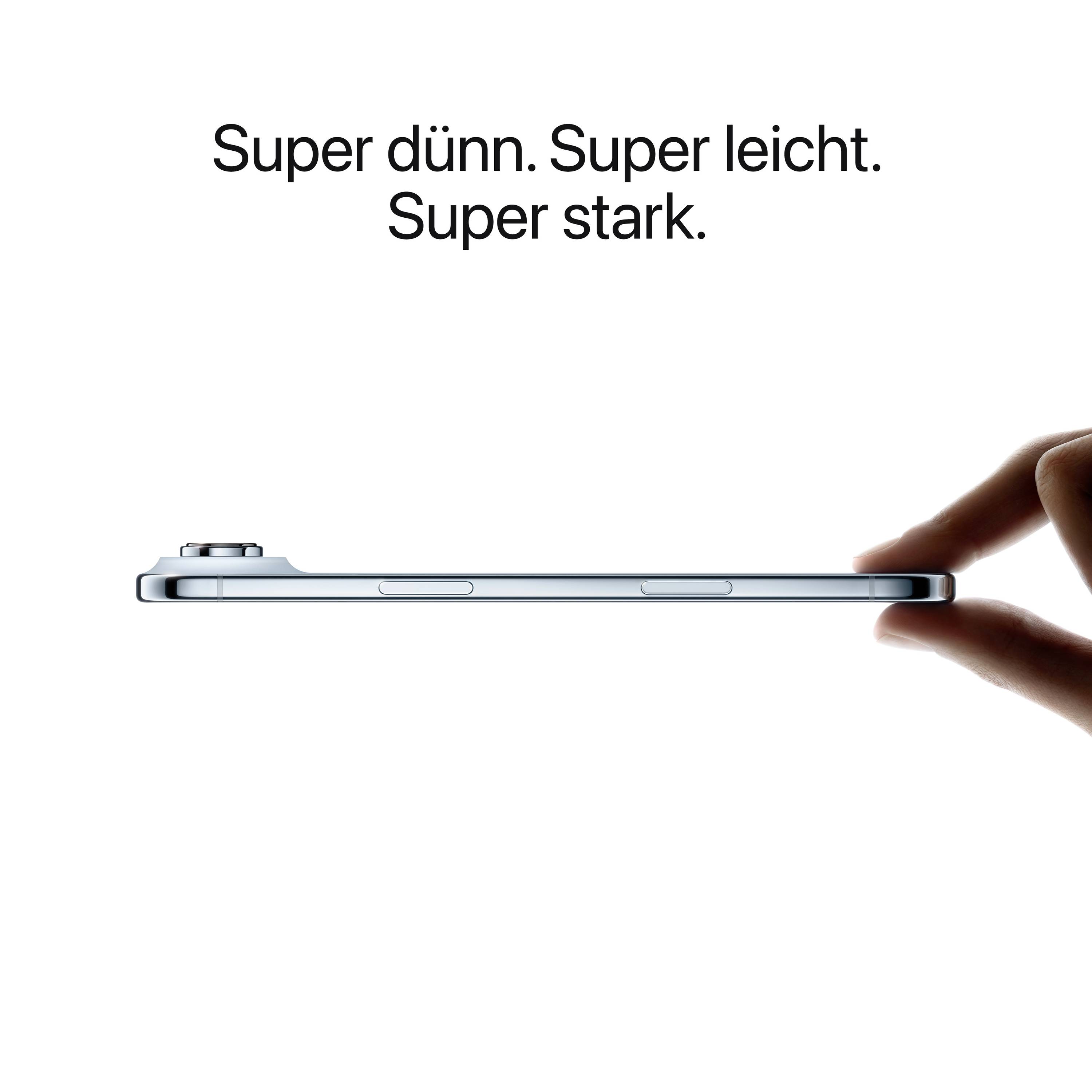 Ein Profilbild zeigt ein dünnes, leichtes elektronisches Gerät, das von einer Hand gehalten wird. Text: 'Super dünn. Super leicht. Super stark.'