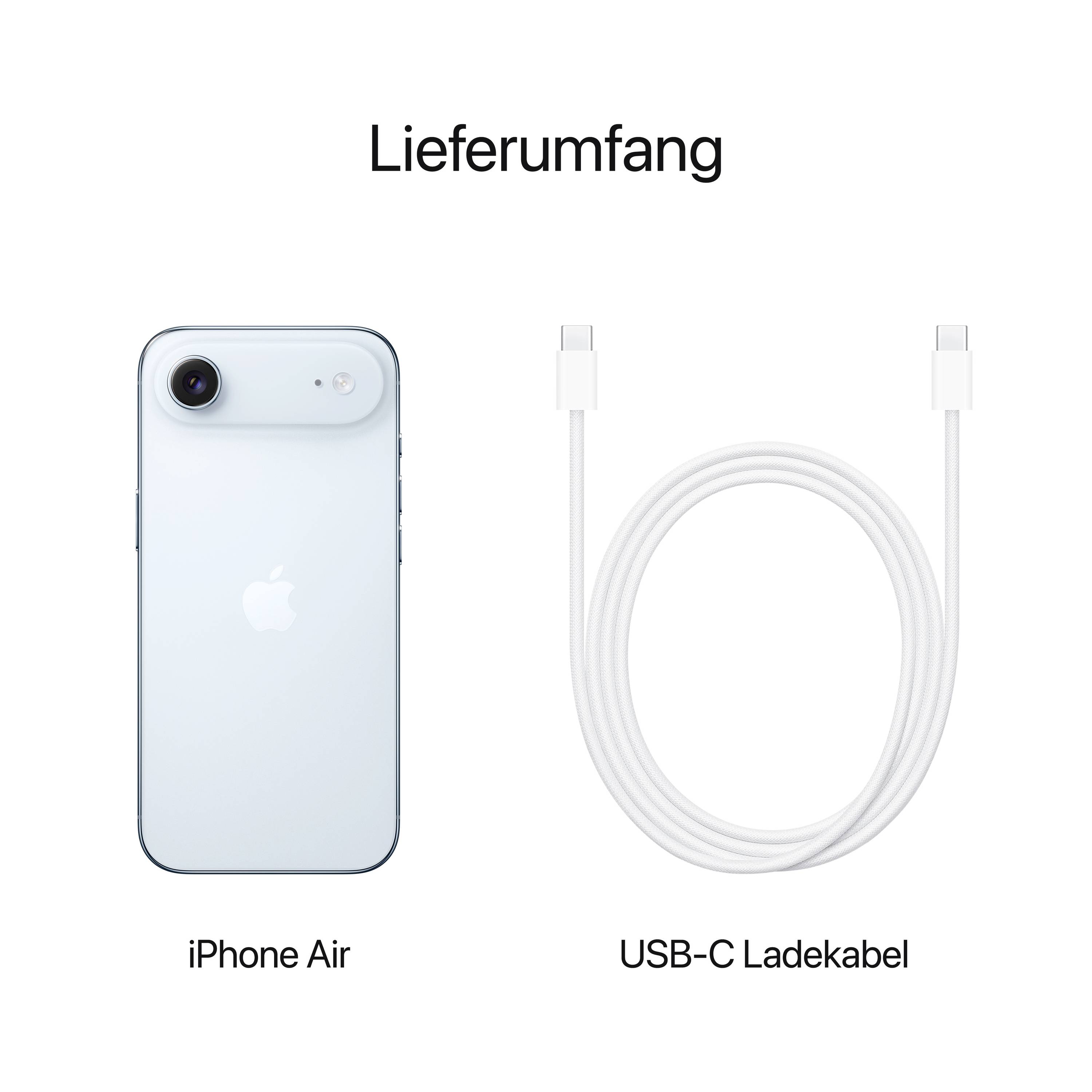 Ein iPhone Air und ein USB-C Ladekabel sind nebeneinander abgebildet. Darüber steht 'Lieferumfang', darunter die jeweiligen Bezeichnungen.