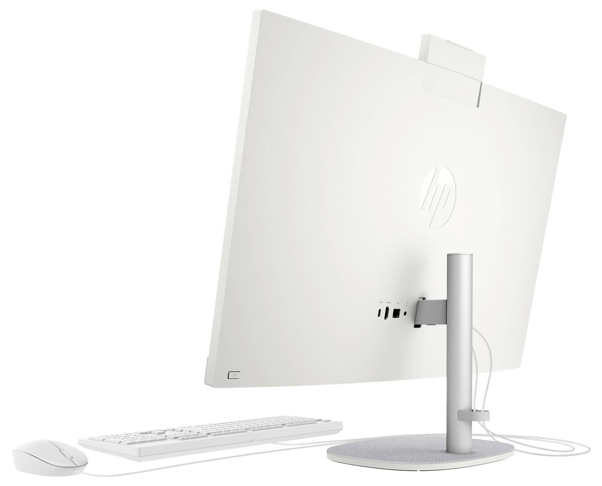 Ein weißes Computersetup mit einem All-in-One-Desktop, von hinten betrachtet, mit sichtbaren Anschlüssen. Dazu gehören eine passende Tastatur und Maus seitlich daneben.