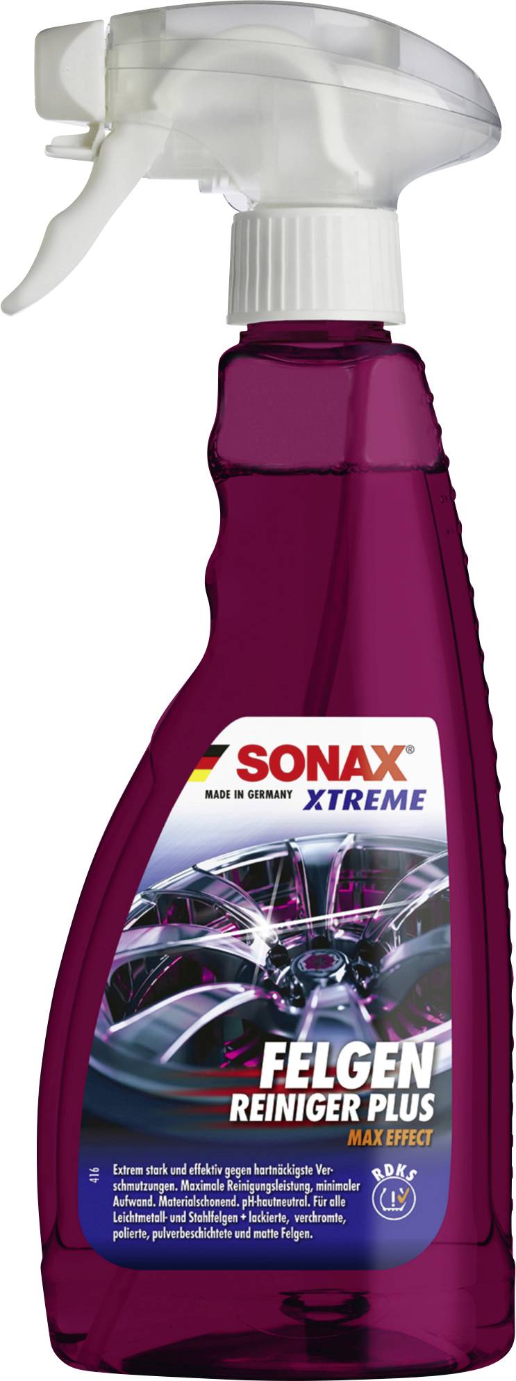 Sprühflasche mit einer roten Flüssigkeit, beschriftet mit 'Sonax Xtreme Felgen Reiniger Plus'. Entwickelt zur Felgenreinigung, mit Betonung auf starker Wirkung.
