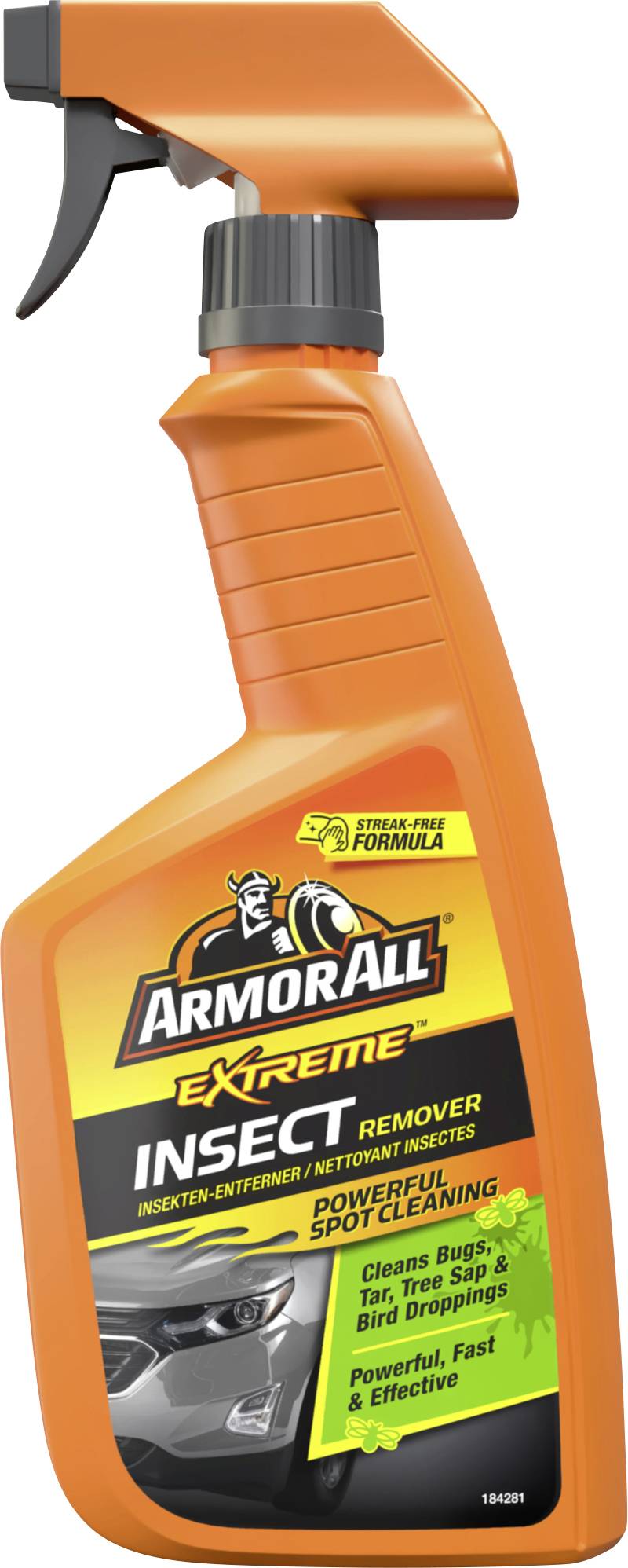 Orangefarbene Sprühflasche von Armor All Extreme Insect Remover, gekennzeichnet zum Reinigen von Insekten und Entfernen von Flecken von Autos, mit Versprechen auf Wirksamkeit.