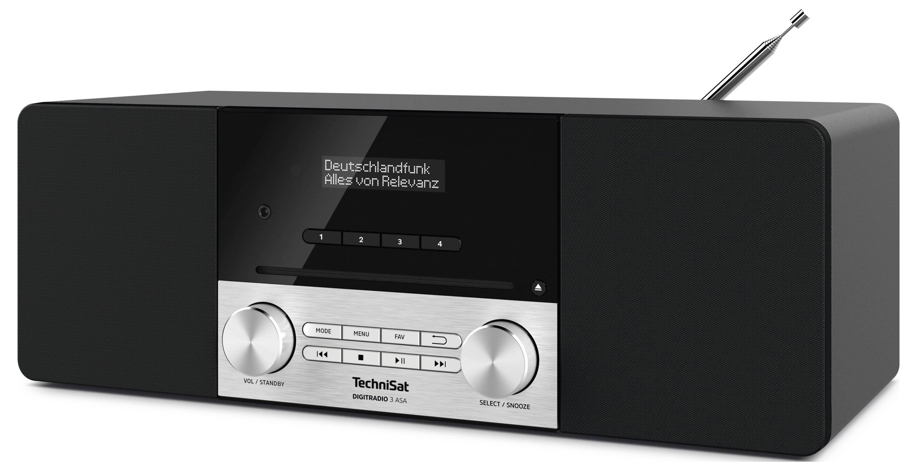 Ein schwarzes Tischradio mit digitaler Anzeige und Antenne. Die Anzeige zeigt 'Deutschlandfunk Alles von Relevanz'. Zu den Funktionen gehören Lautstärke- und Abstimmungsregler.
