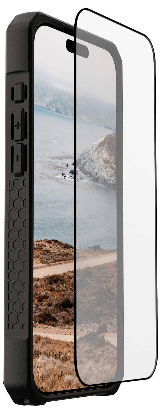 Ein Smartphone mit einem robusten schwarzen Gehäuse und einem Panzerglas-Displayschutz, das eine Küstenlandschaft mit Klippen und Ozean zeigt.