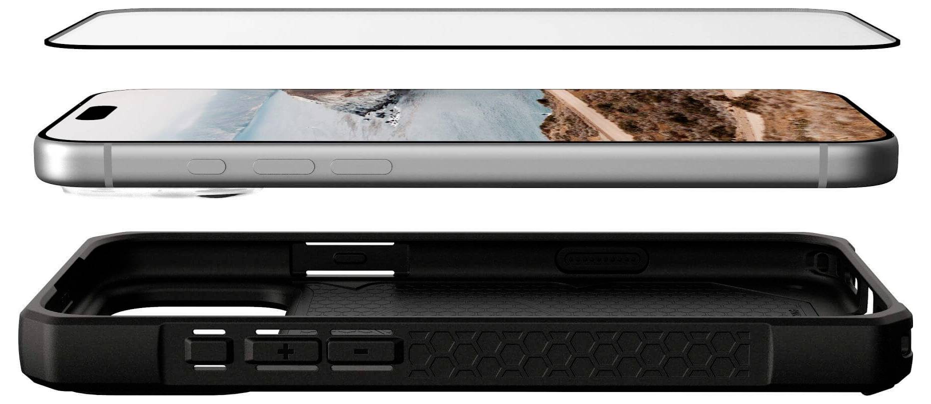 Design eines dreischichtigen Smartphone-Gehäuses mit einem transparenten Displayschutz, einer Seitenansicht des Telefons und einem schwarzen Schutzgehäuse.