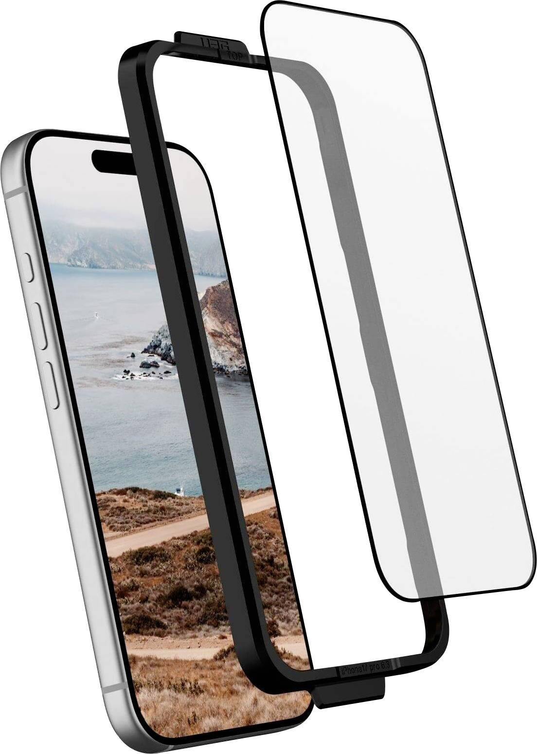 Ein Smartphone mit einem robusten Gehäuse zeigt eine Küstenlandschaft. Ein Displayschutz schwebt darüber und deutet eine Installation zur zusätzlichen Schutzmaßnahme an.